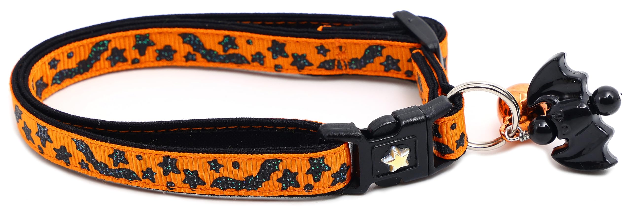 Bats & Stars Halloween Cat Collar With Bell | Safety Breakaway Collar | Adjustable Large Size Or Kitten Collar (Large(10Lbs & Up