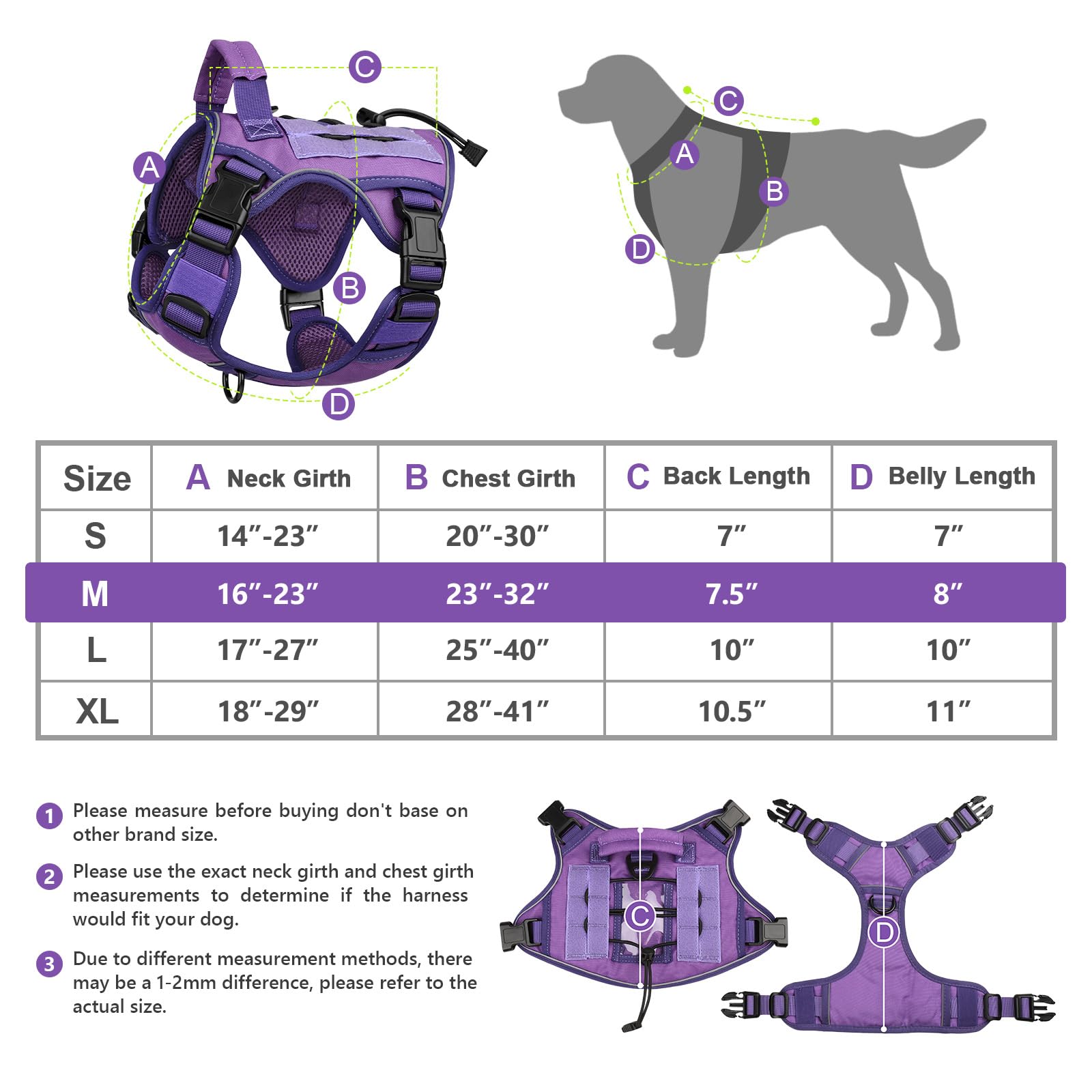 Wingoin Purple Harness With Handle Tactical Dog Harness Vest For Large Medium Dogs No Pull Adjustable Reflective K9 Military Dog Vest Harnesses For Walking, Hiking, Training(M)