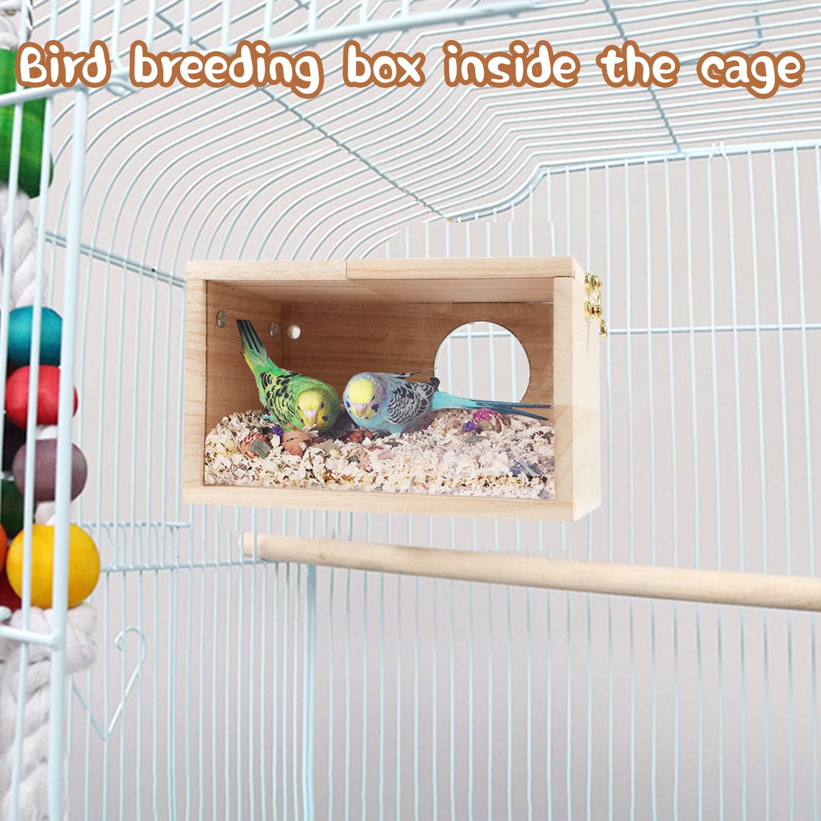 GINDOOR Parakeet Nesting Box Transparent Bird House for Cage Natural Wood Breeding Box for Parrot Parakeet Cockatiel Lovebirds B