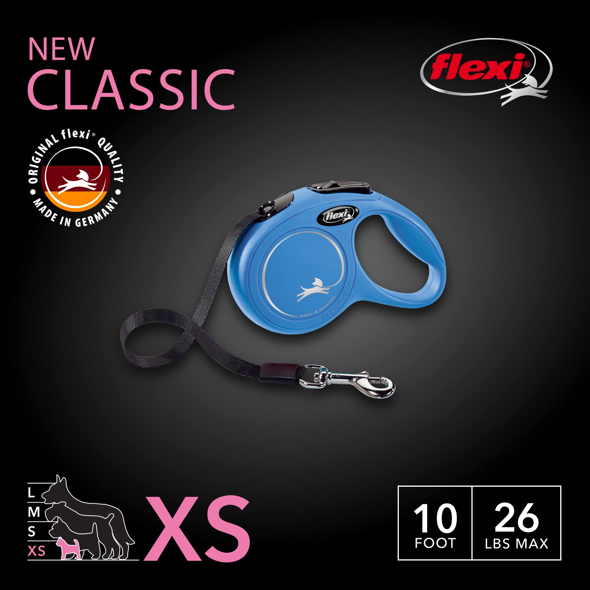 Flexi New Classic Tape Retractable Dog Leash For Small Dogs Upto 26 Lbs. – 10 Ft., Blue | Tangle Free Pet Walking Leash With One-Handed Brake, Pause, Lock|German Quality Product