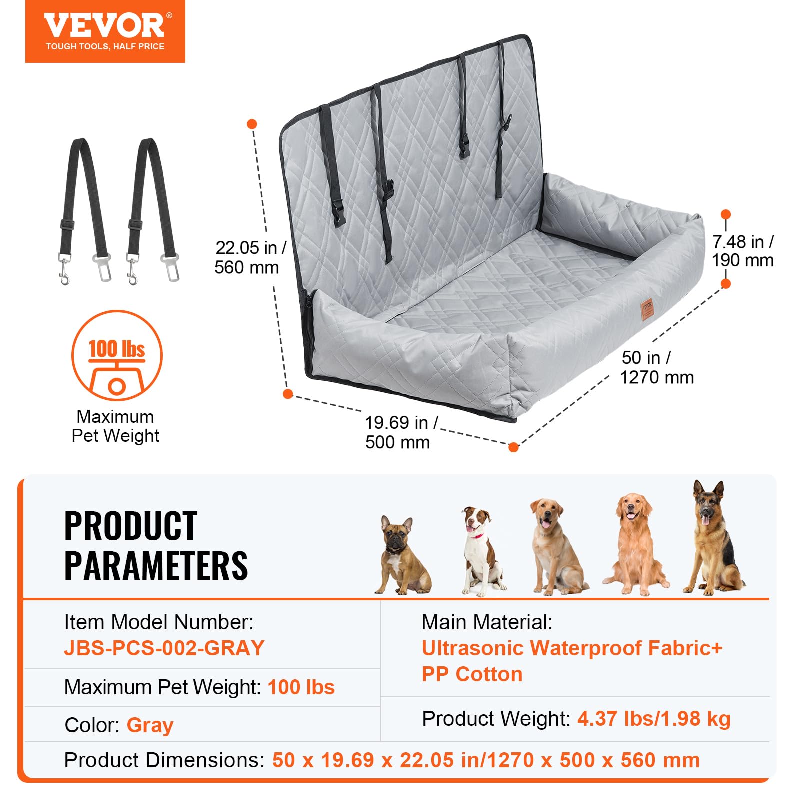 VEVOR Dog Booster Car Seat Pet Car Seat for Medium Large Dog up to 100 lbs Gray