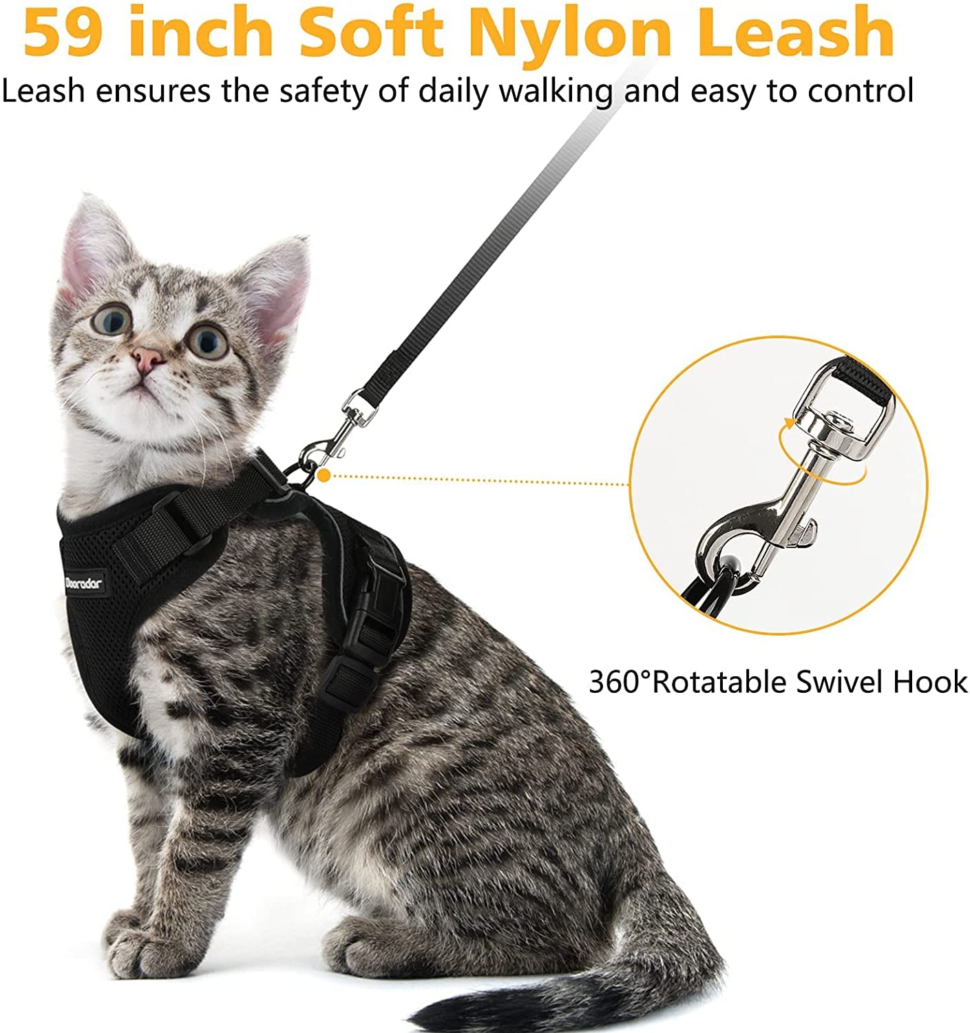 Dooradar Cat Harness And Leash Set, Escape Proof Safe Adjustable Kitten Vest Harnesses For Walking, Easy Control Soft Breathable Mesh Jacket With Reflective Strips For Cats, Black, S