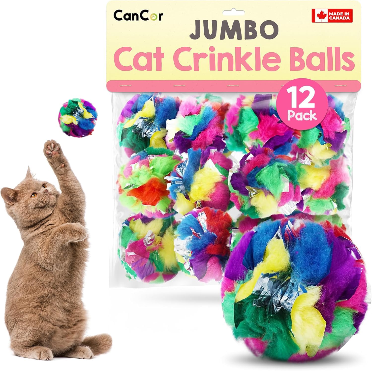 Jumbo Cat Crinkle Ball (12-Pack) - 3.5 Lightweight Crinkle Cat Toy For Indoor Cats - Safer Than Foil And Mylar Balls - Irresis