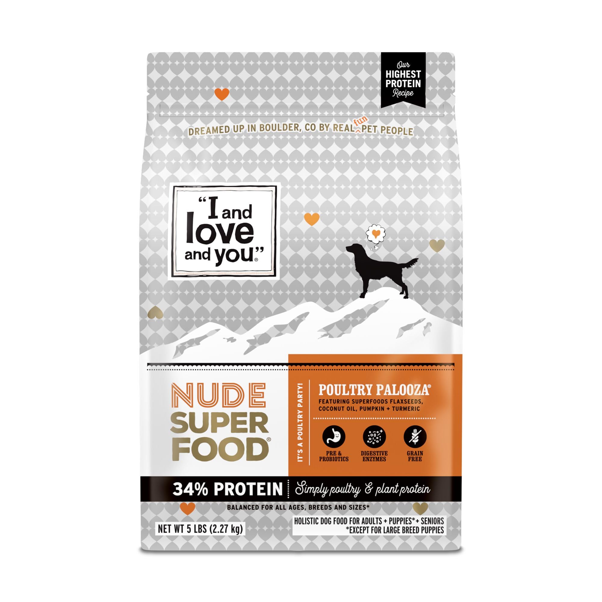 I and love and you Nude Superfood Dry Dog Food - Grain Free Kibble, Prebiotics & Probiotics, Turkey + Chicken, 5-Pound