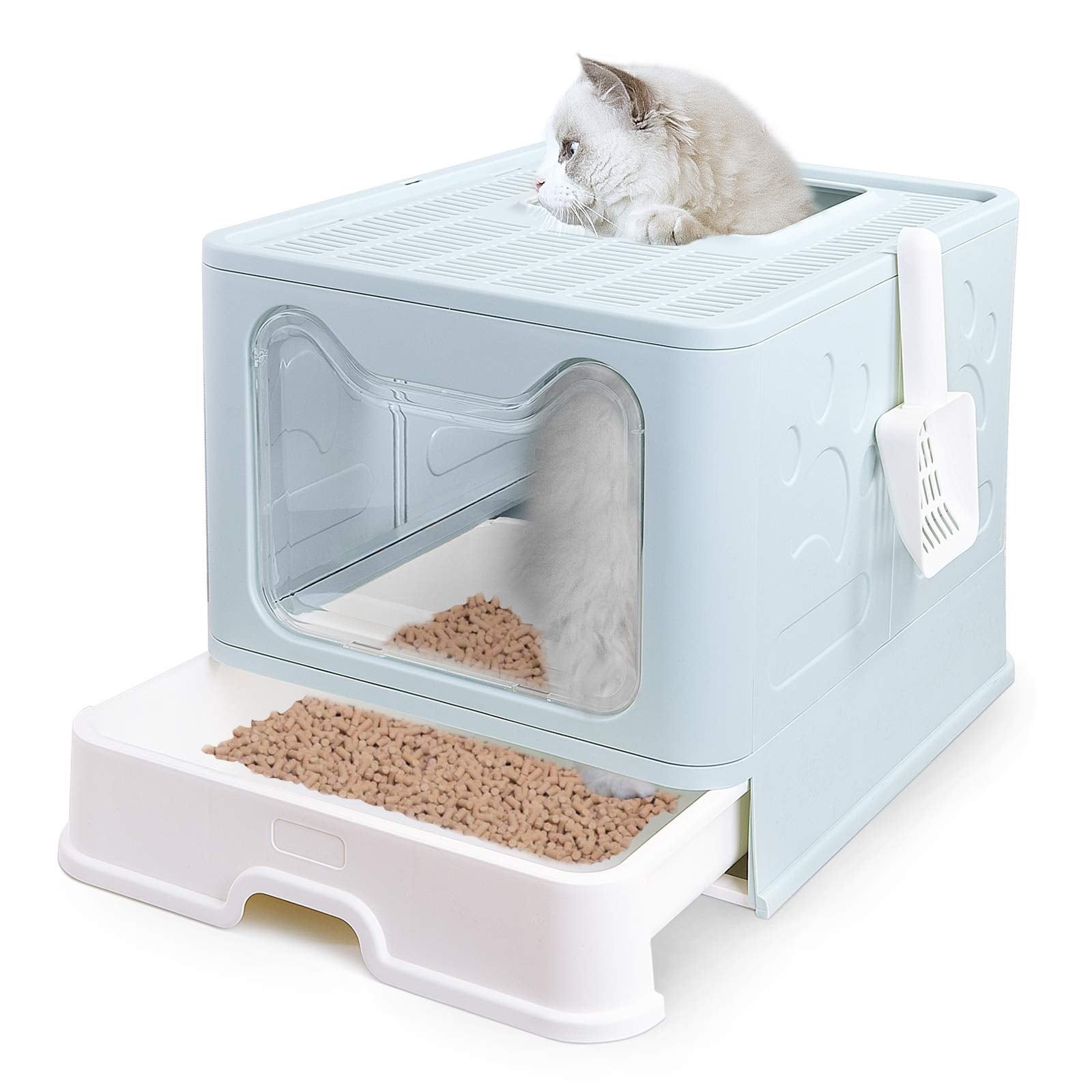 Petphabet Cat Litter Box, Square Foldable Jumbo Hooded Cat Litter Box With Plastic Scoop (Blue)