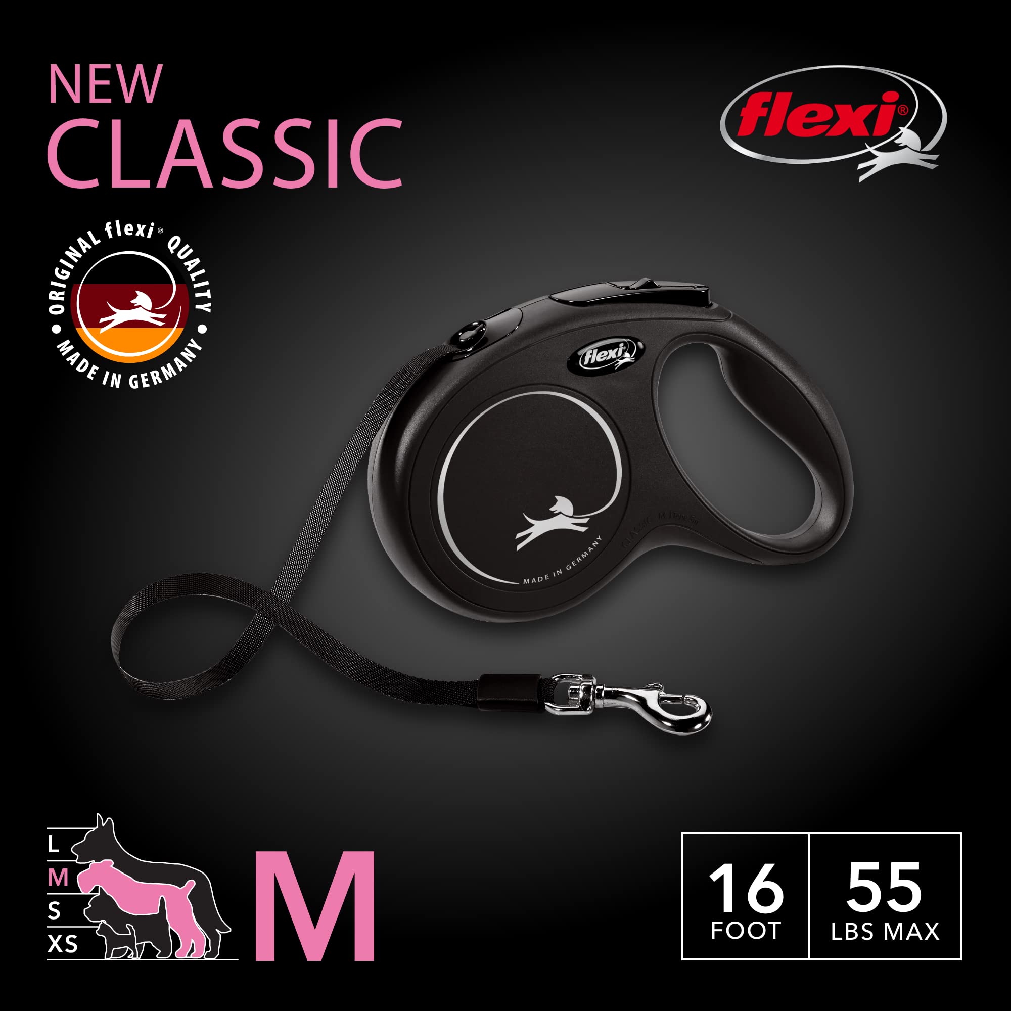 Flexi New Classic Tape Retractable Dog Leash For Medium Dogs Upto 55 Lbs. – 16 Ft., Black | Tangle Free Pet Walking Leash With One-Handed Brake, Pause, Lock|German Quality Product