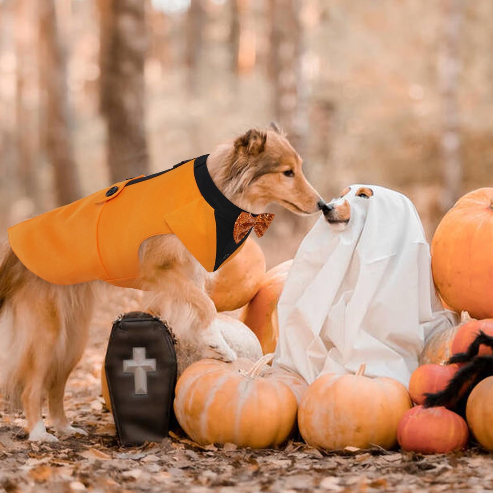 Kuoser Dog Tuxedo Suit And Bandana Set, Pumpkin Color Dogs Thanksgiving Outfit Adjustable Dog Halloween Costume With Bow Tie For