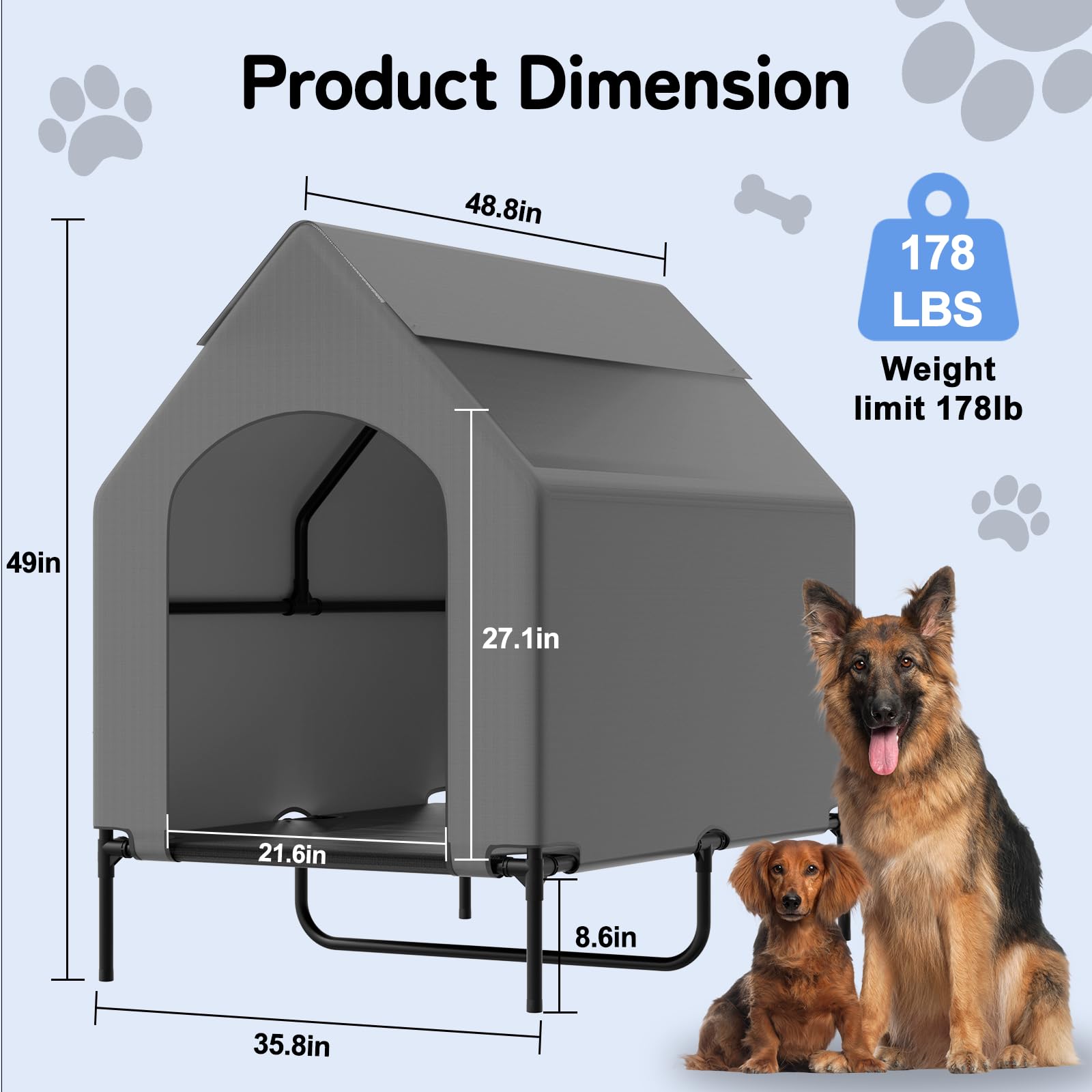 Theyfirst 48'' Dog House For Large Dogs Outside, Elevated Cooling Dog Beds For Outdoor Indoor, Weatherproof Raised Pet Shelter W