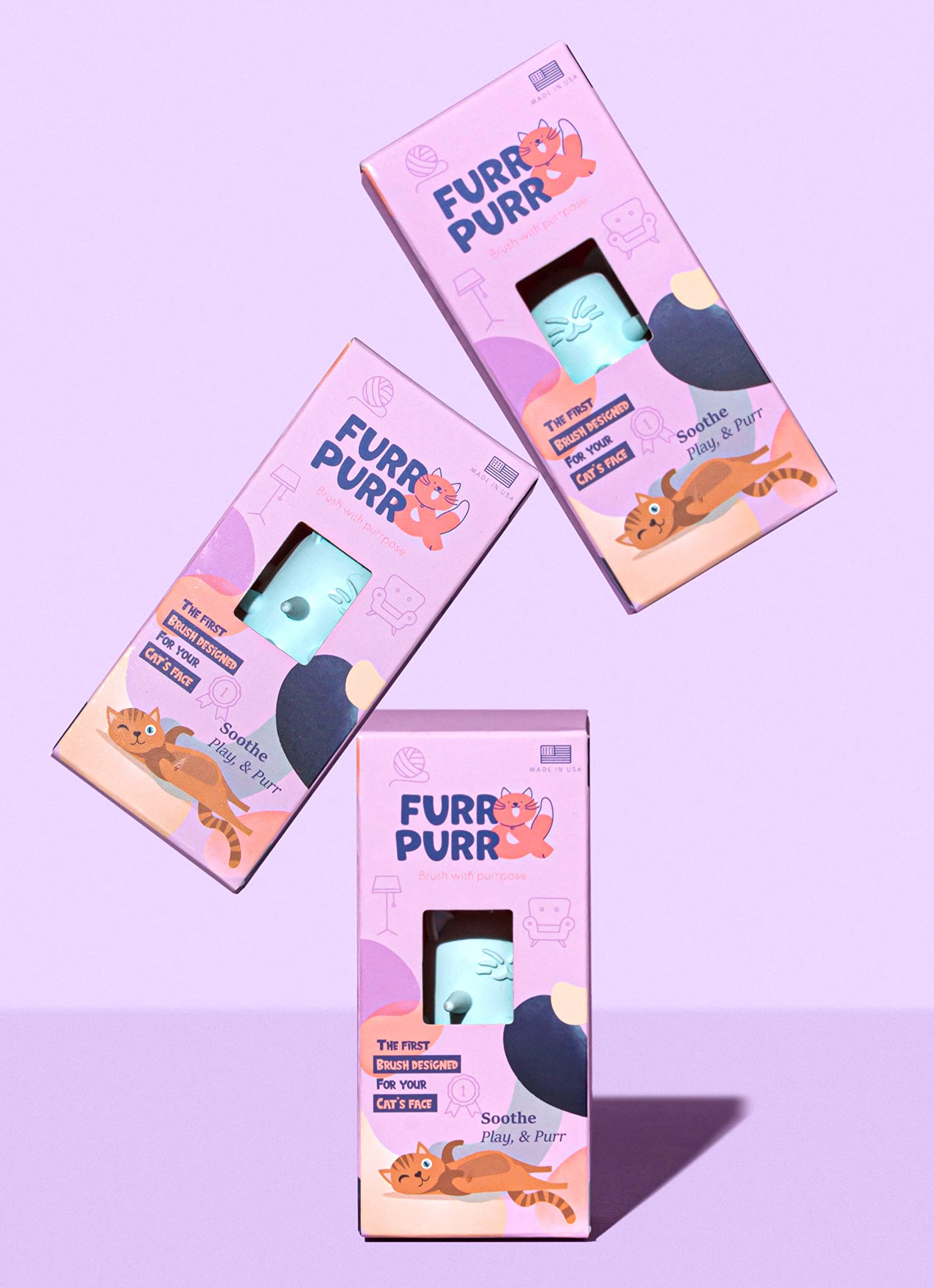 Furr&Purr Cat Brush, Scratcher, And Massager - Indoor Cat Calming Care With Face Scratcher, Finger Brush (3-Pack, Made In Usa)