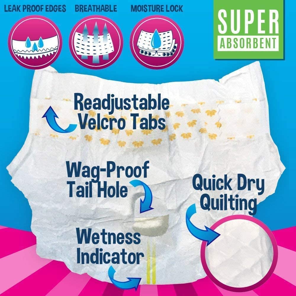 Bodhi Dog Disposable Female Dog Diapers - Super Absorbent Dog Diapers for Female Heat Cycle - Adjustable Fit Pee Wraps for Potty