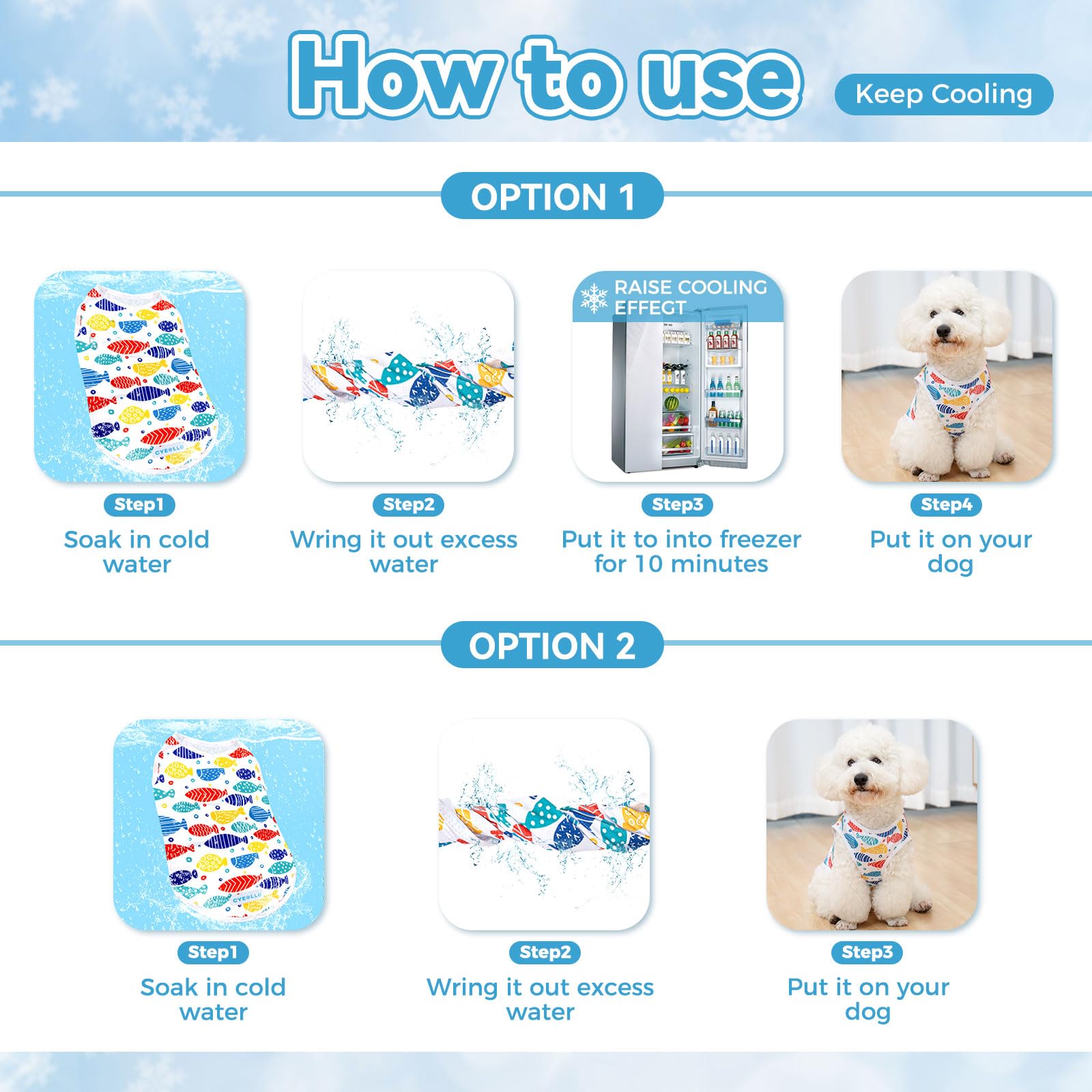 Cyeollo 2Pack Dog Cooling Shirt, Breathable Sleeveless Summer Clothes For Dogs, Intant Cool T Shirts For Small Dogs, Blue Fish L