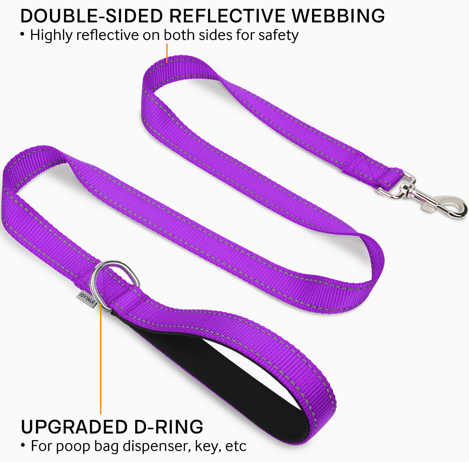 Joytale Double-Sided Reflective Dog Leash, 6 Ft/5 Ft/4 Ft, Padded Handle Nylon Dogs Leashes For Small & Medium Dogs Walking, Purple, 5Ft