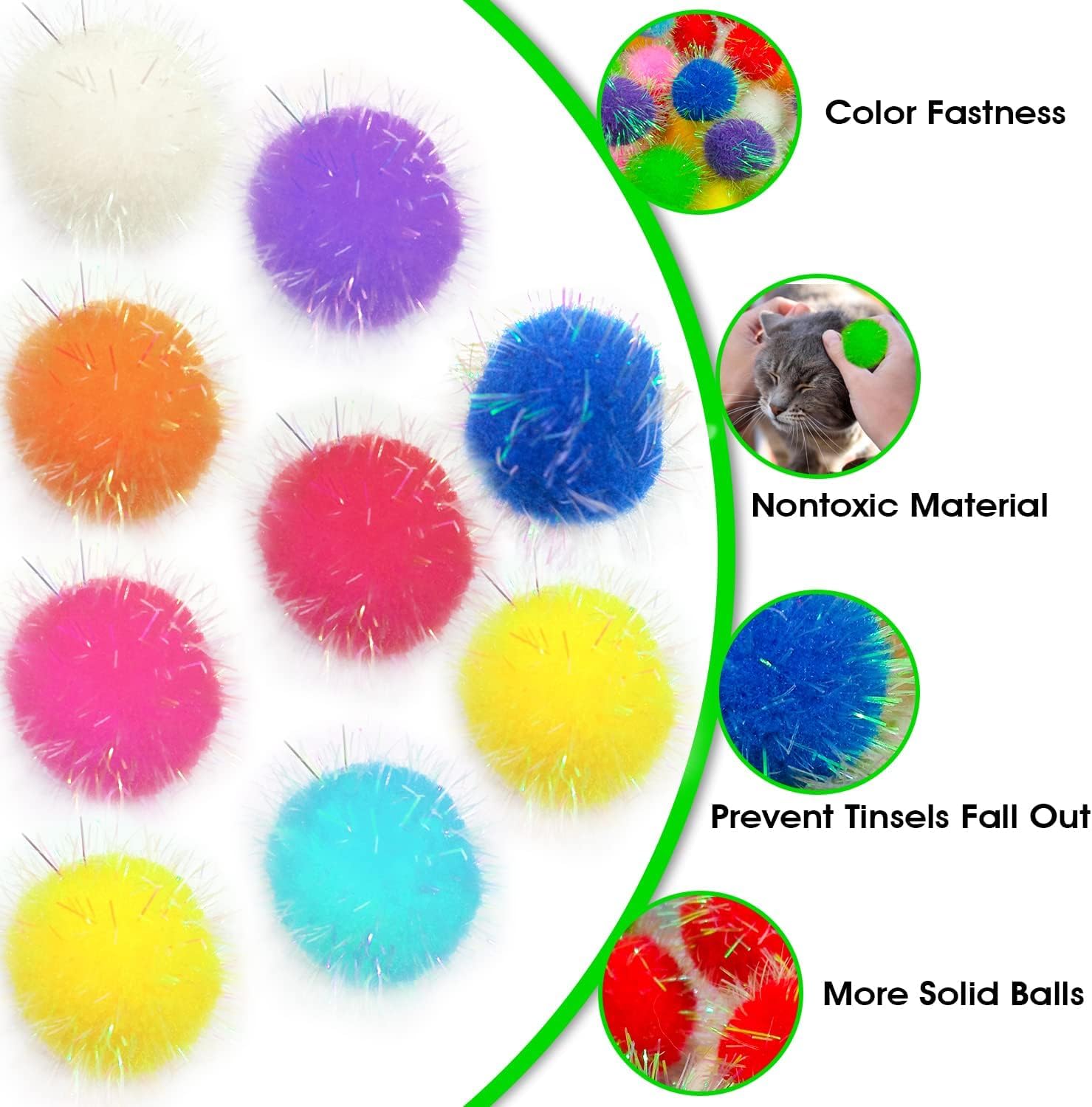 Shizhoo 20 Pieces Mix Sizes Sparkle Pom Pom Balls For Cat - Interactive Glitter Balls, Multicolor, Best As Kitten Play Toys.