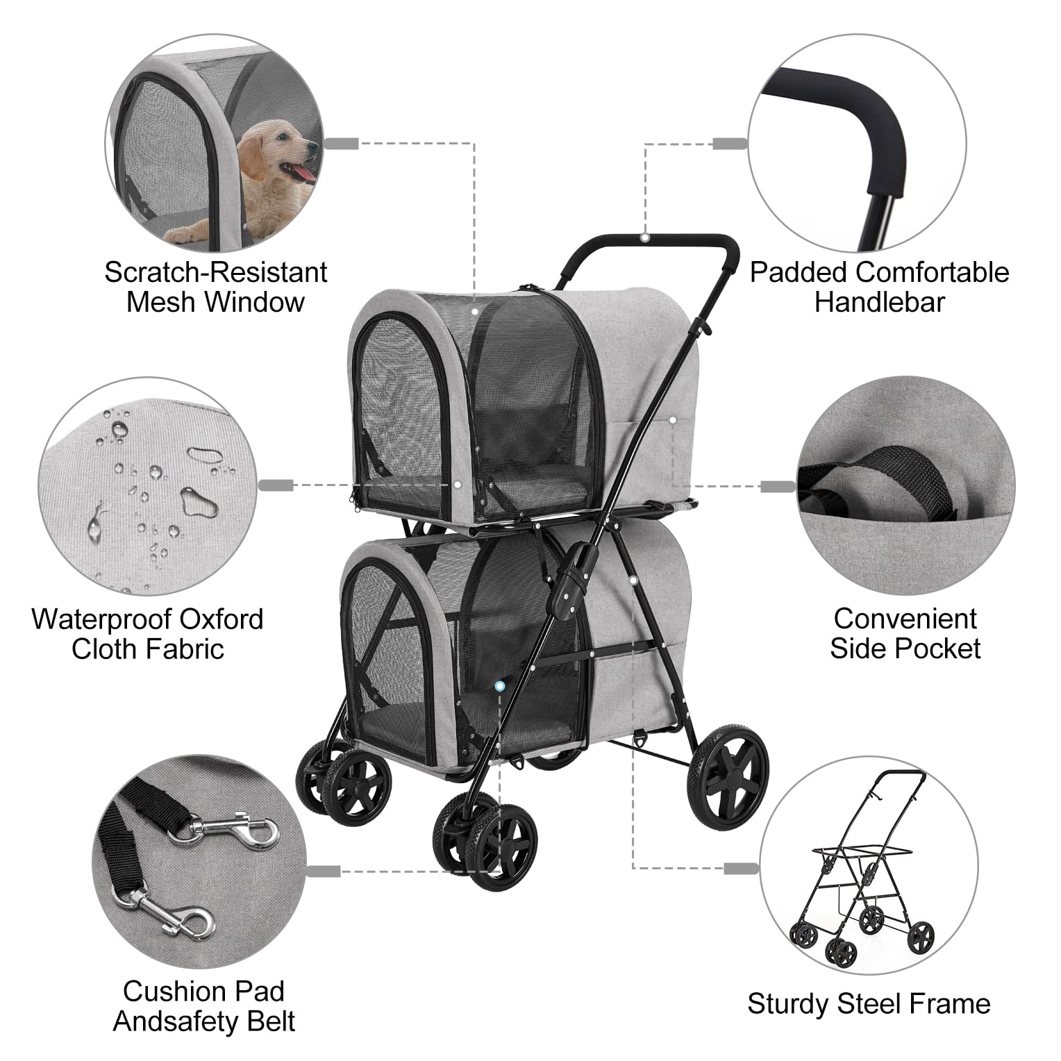 Lpotius Double Pet Stroller For Dogs And Cats With 2 Detachable Carrier, Quick-Folding Dog Stroller For Medium Small Dogs Cats,