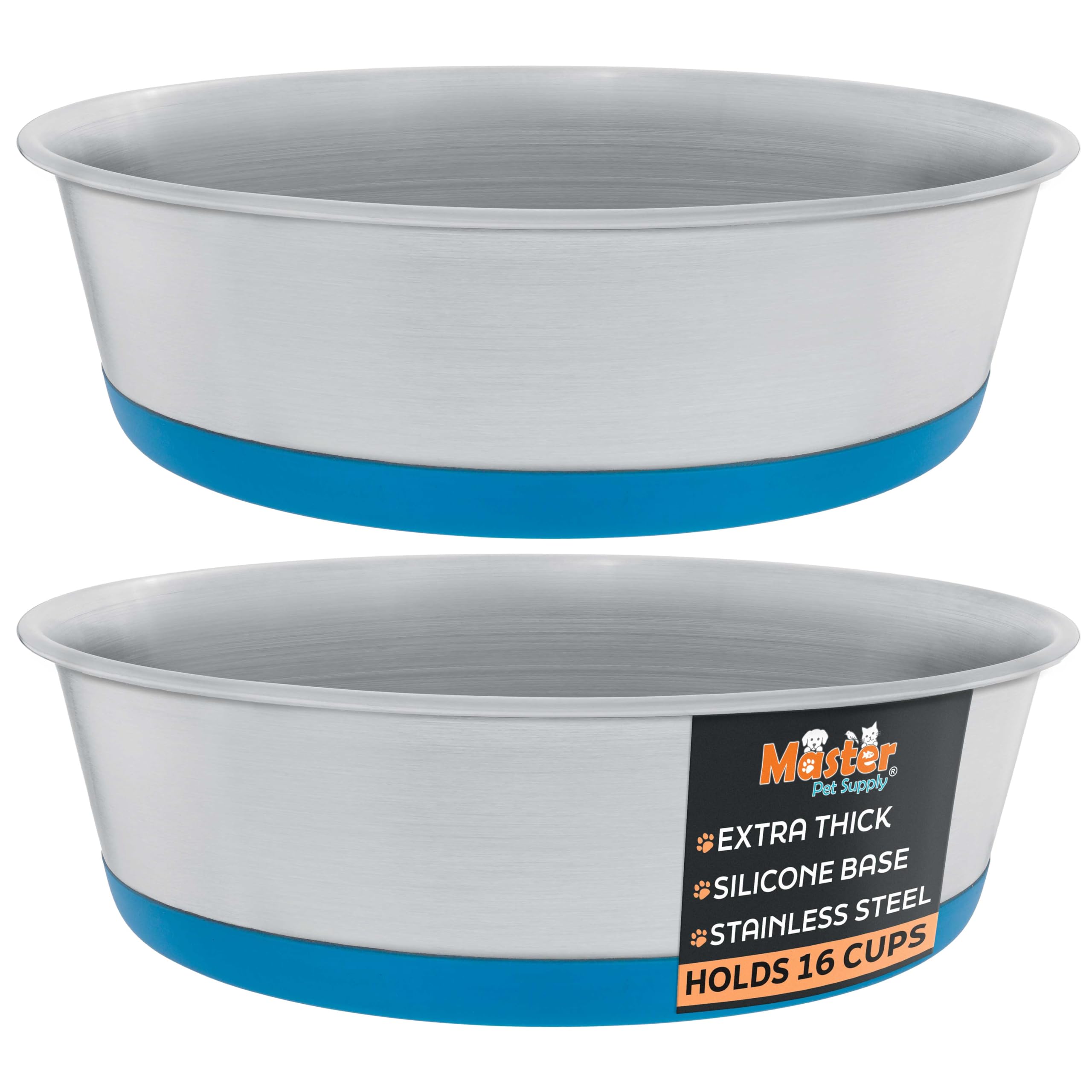 Master Pet Supply Stainless Steel Dog Bowls Set of 2 with Extra Thick Silicone Base - 16 Cup (128 oz) True Blue, Non-Slip, Dishw