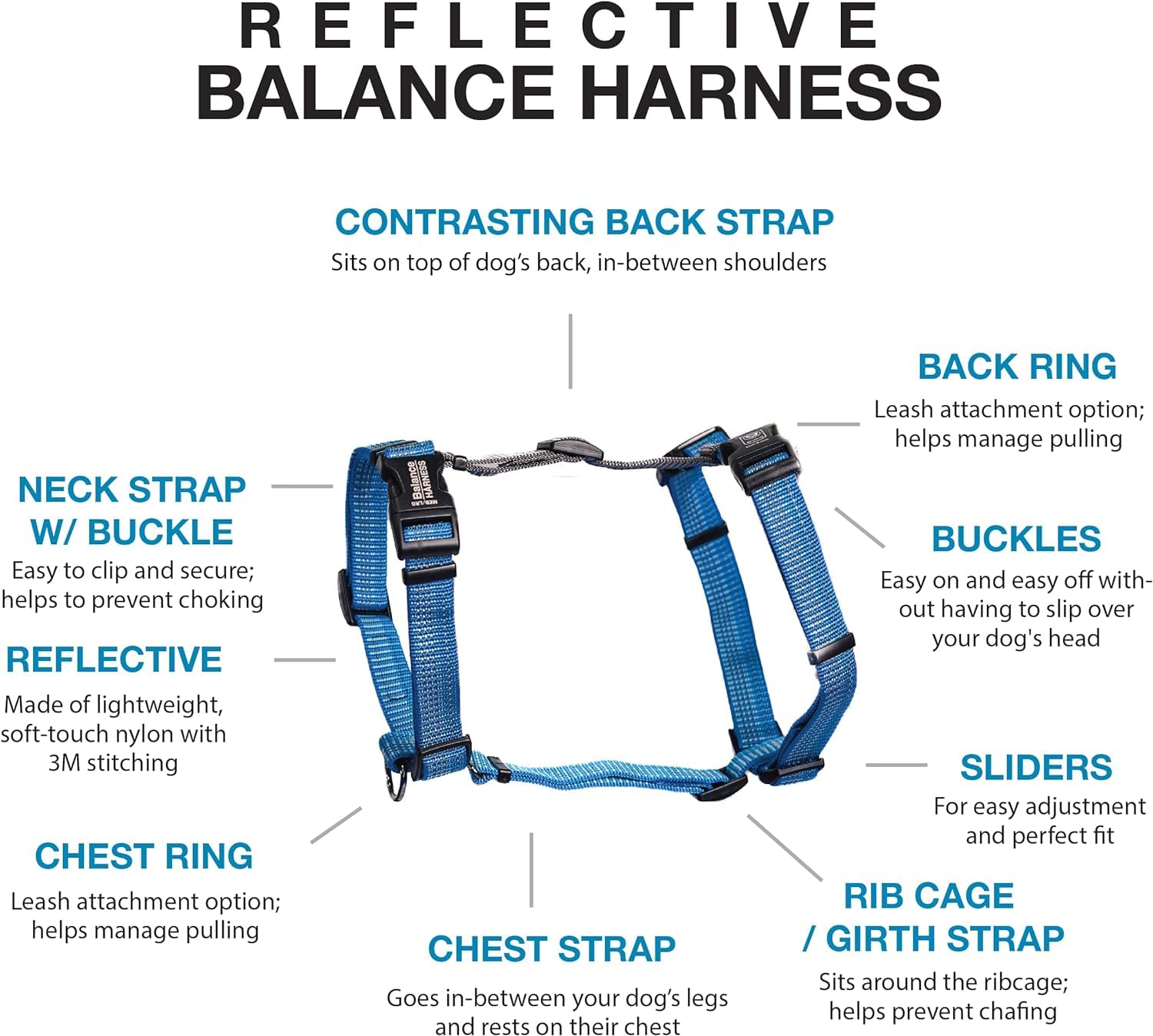 Blue-9 Reflective Buckle-Neck Balance Harness, Fully Customizable Fit No-Pull Harness With 3M Reflective Stitching, Ideal For Dog Training And Obedience, Made In The Usa, Blue, Large