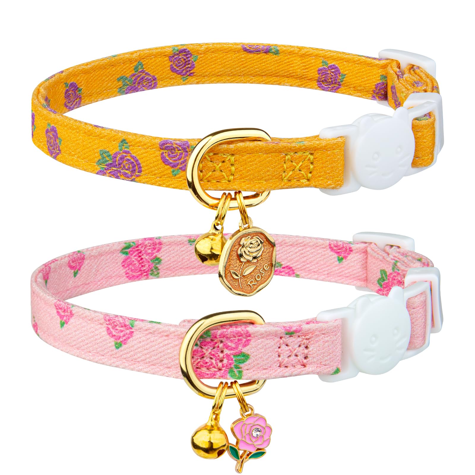 2 Pack Cotton Breakaway Cat Collar Yellow And Pink Rose Pendant Cute Kitten Cat Collar With Bell