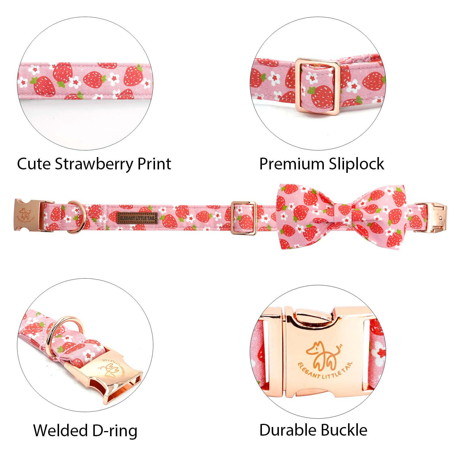 Elegant Little Tail Xs Strawberry Print Cotton Soft Floral Dog Collar With Bow, Adjustable For X-Small Dogs