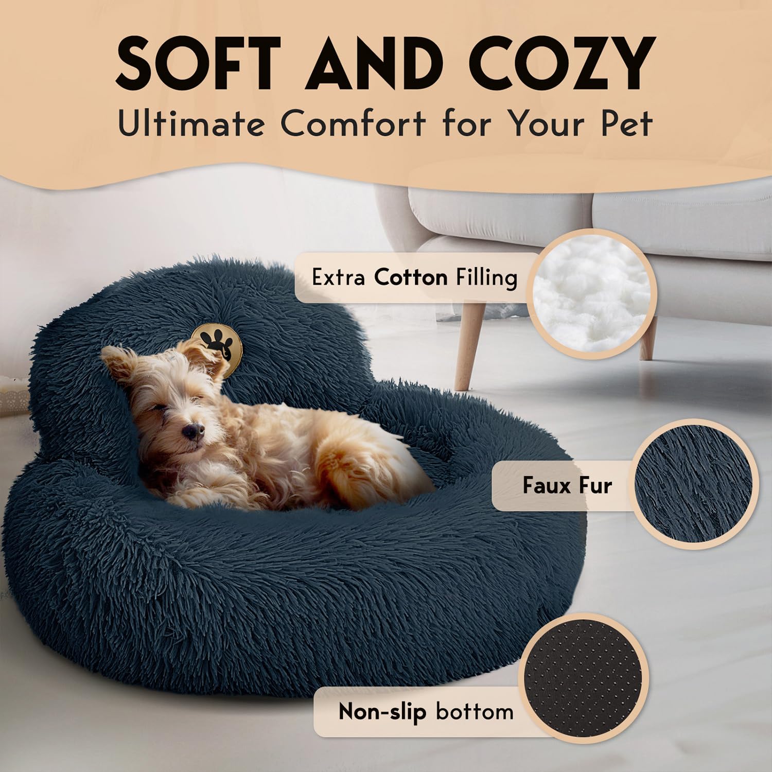 Petjett Calming Dog Bed - Donut Dog Beds For Small, Medium, Large Dogs, Anti-Slip & Washable Round Dog Bed - Fluffy Plush Faux F