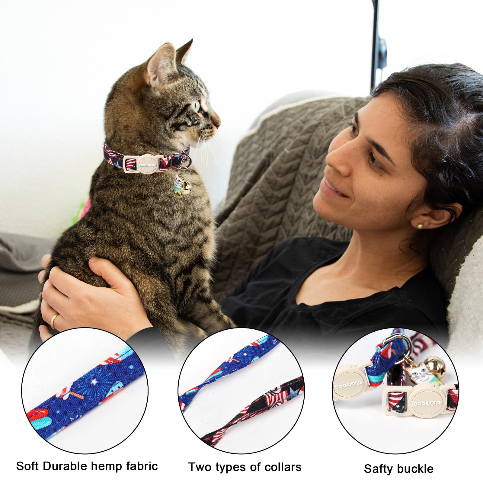Cat Collar,2 Pack 4Th Og July Cat Collars Breakaway With Bell, Dogwong Safety Buckle Cat Collar For Girl Boy Cats And Small Dogs