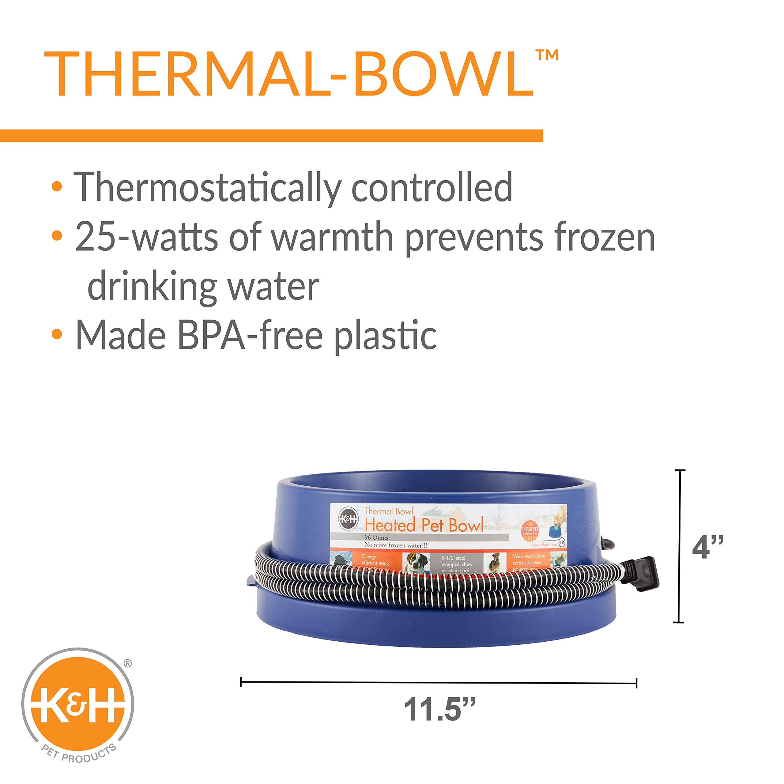 K&H Pet Products Thermal-Bowl Outdoor Heated Dog Bowl Blue 96 Ounces