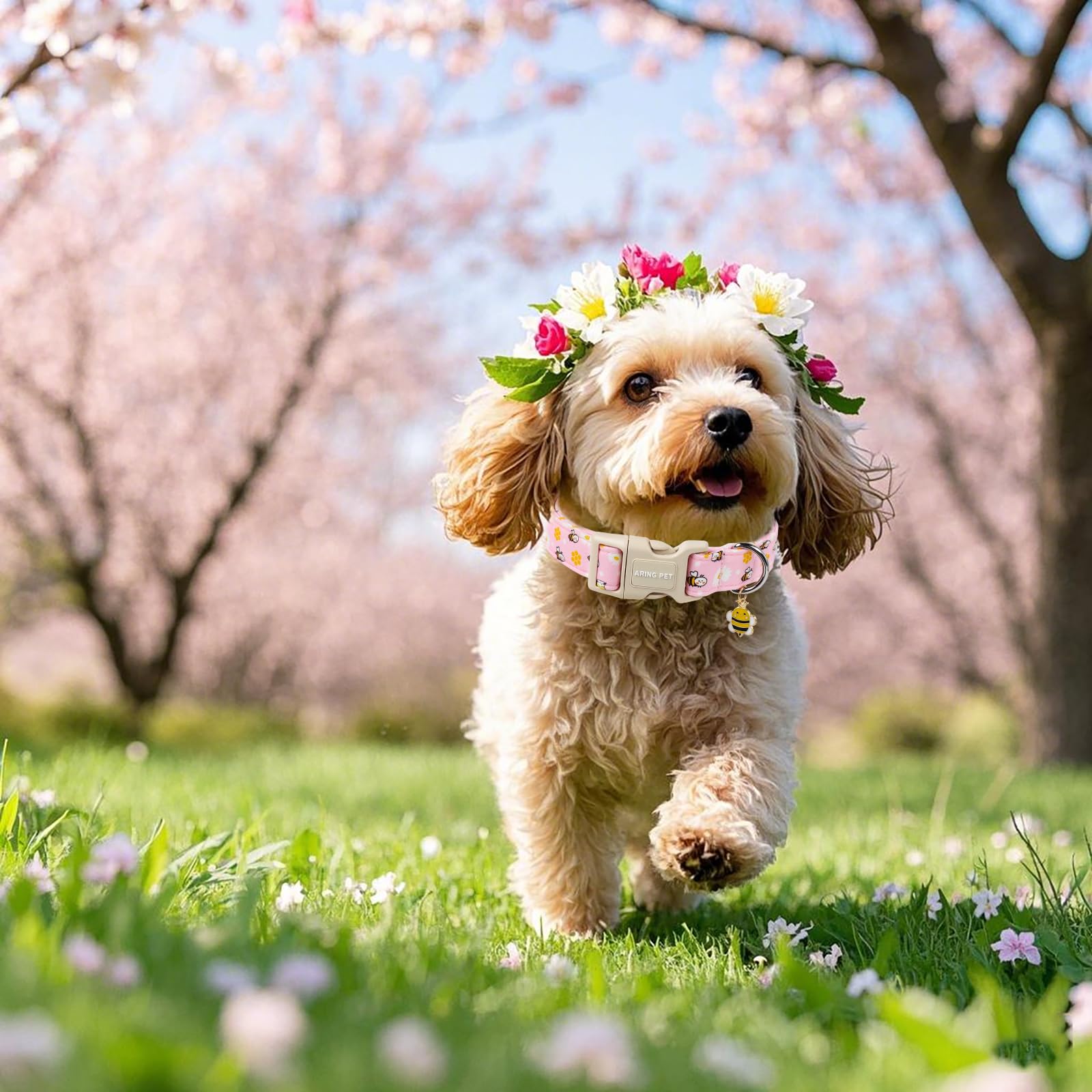 Aring Pet Summer Dog Collar-Cute Pink Bees Dog Collars, Adjustable Bees&Daisy Print Pet Collars Puppy Collar With Quick Release