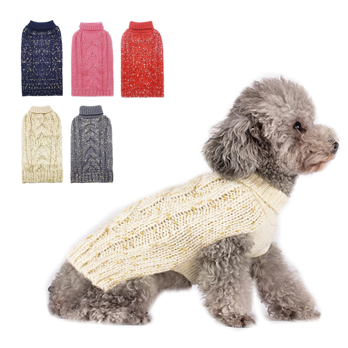 Kyeese Dog Sweater Winter Dog Clothes Pullover Warm Dog Coat Turtleneck Knitwear Sweater With Golden Yarn For Small Dog, Beige, Small