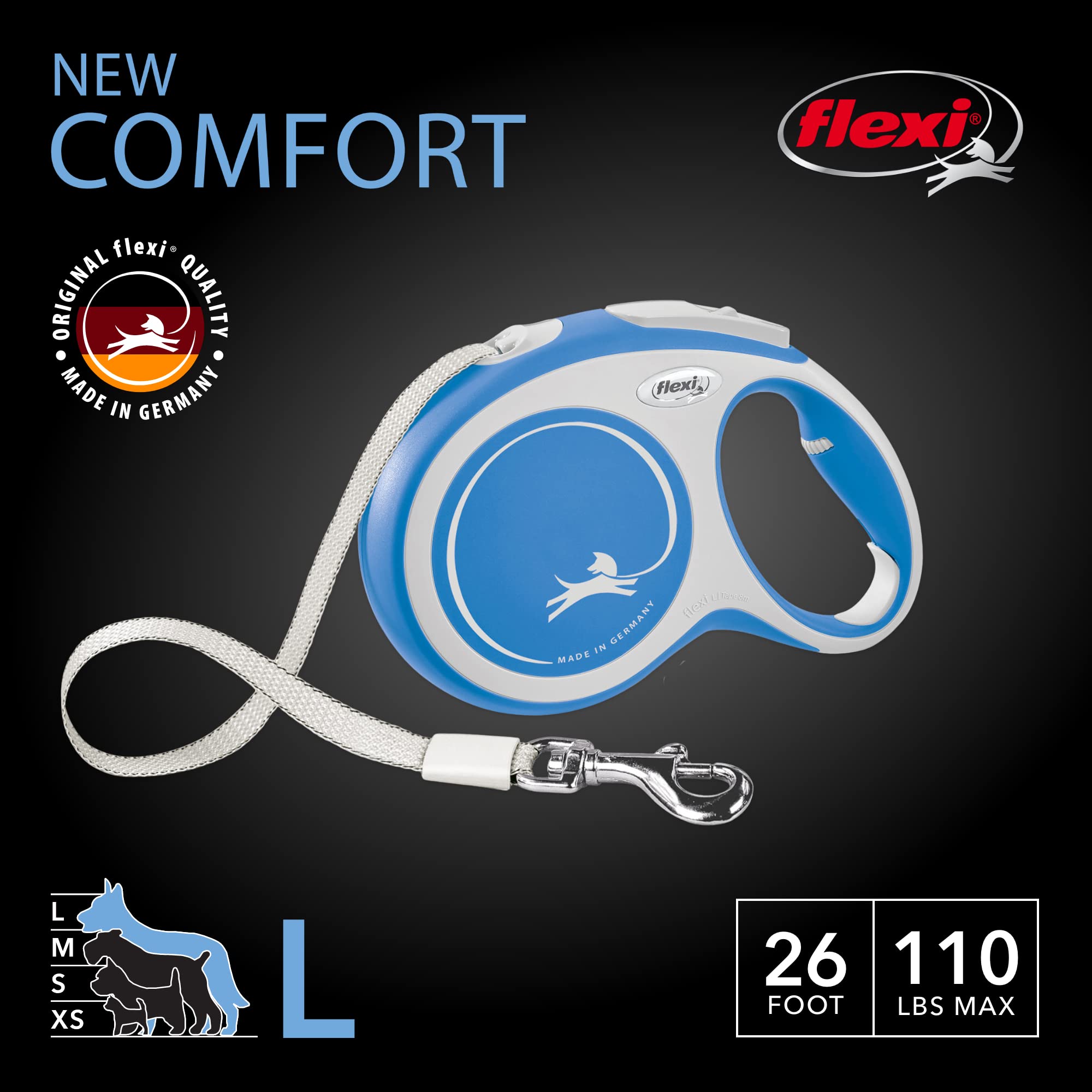 FLEXI Comfort Retractable Dog Leash, 26 ft, Large, Blue/Pastel, for Dogs Up to 110 lbs, Model CF30T8.250.BL, Durable Nylon