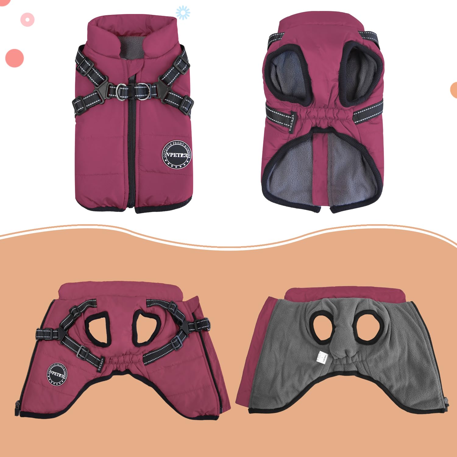 V.Pet Winter Coat Jacket Padded Fleece Dog Vest, Built-In Harness, Waterproof Windproof Reflective Cozy Adjustable Snow Pet Clot