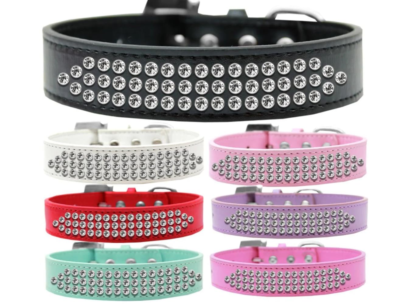 Dog, Puppy & Pet Fashion Collar, Three Row Clear Crystal Rimsets Bright Pink 16