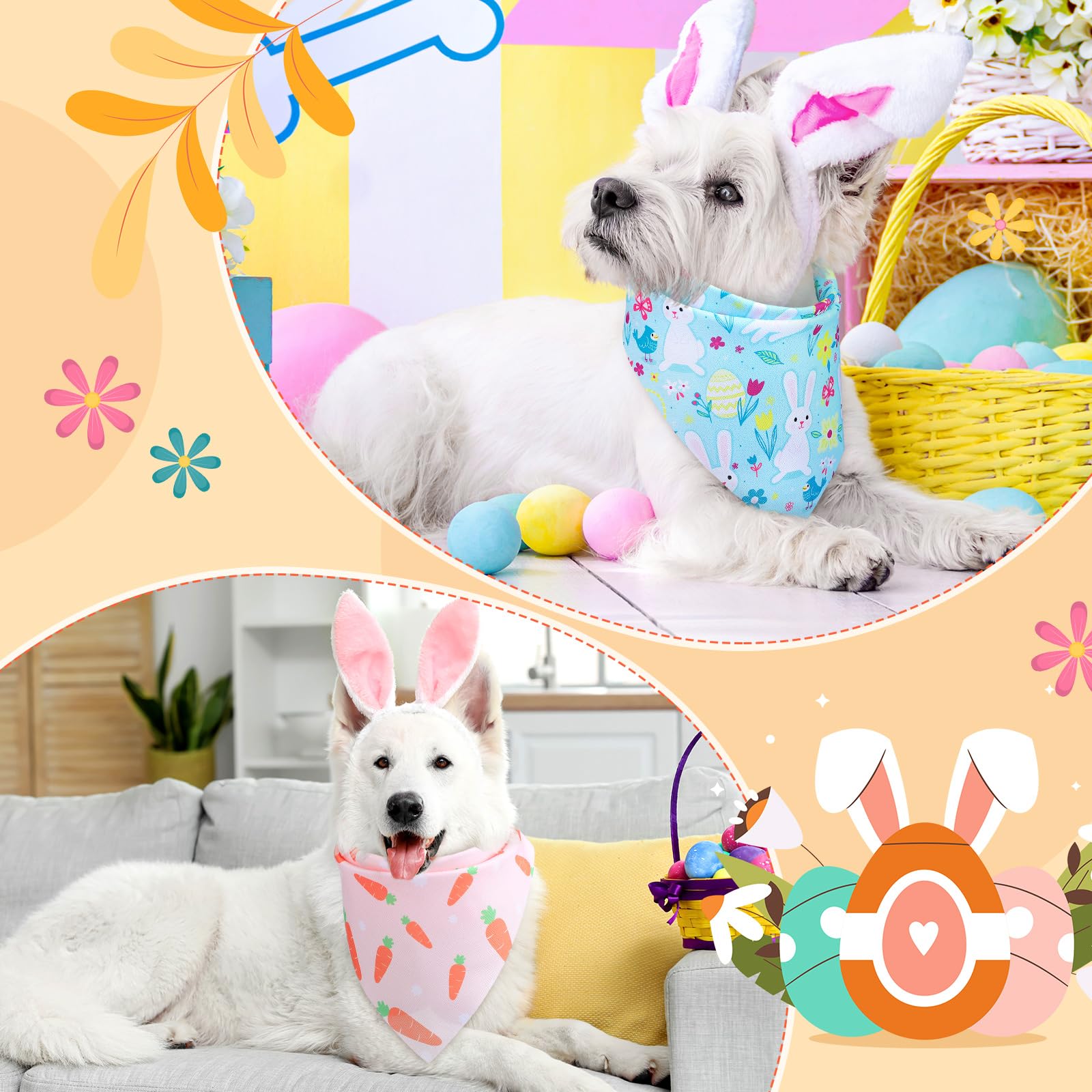 Preboun 50 Pcs Easter Dog Bandanas Bulk Bunny Dog Bandanas For Dogs Eggs Bibs Dog Scarf Easter Day Dog Bandanas For Easter Puppy