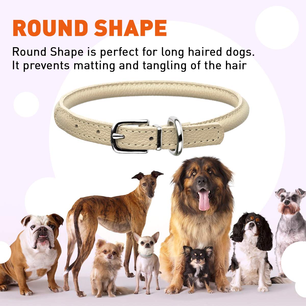 Dogline Rolled Leather Dog Collar - For Small, Medium And Large Breeds - Soft And Padded Round Luxury Design 1/2-Inch Wide Soft