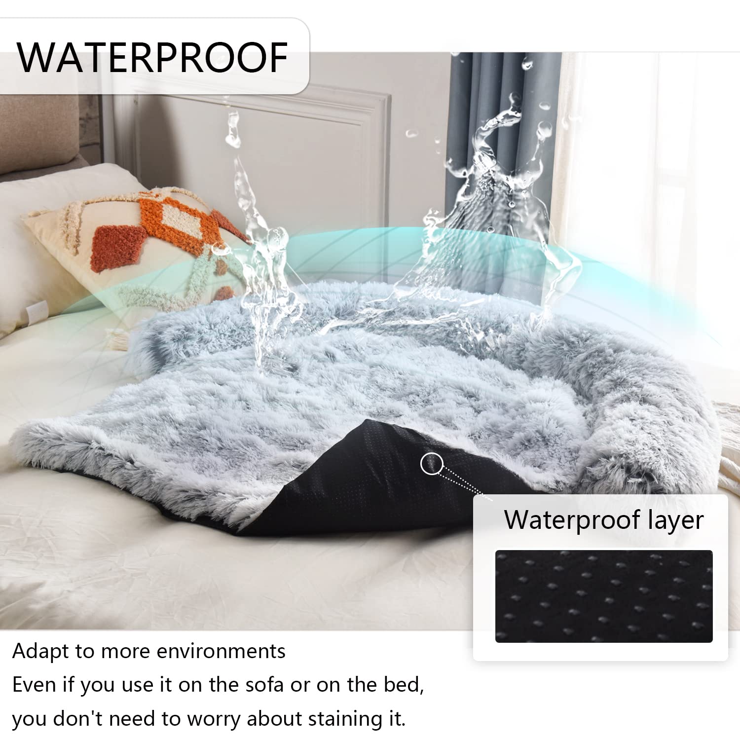 Dekeyoo Waterproof Calming Dog Bed, Pet Couch Protector Plush Dog Mat Dog Sofa, Pet Furniture Cover With Soft Neck Bolster, Machine Washable Silver Gray Large