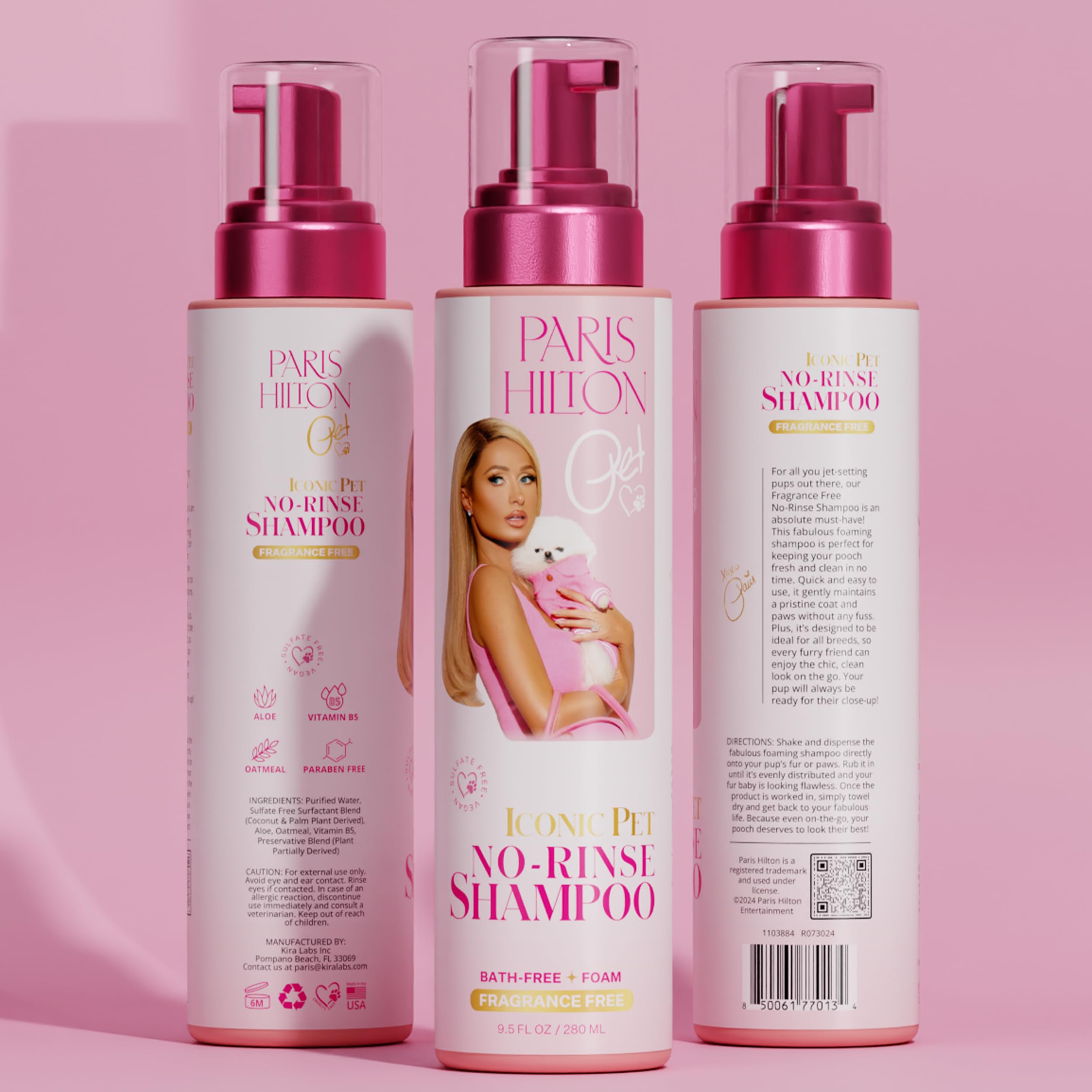 Paris Hilton Pet Iconic No-Rinse Dog Shampoo, Fragrance-Free, Waterless Dog Wash, Hypoallergenic, 280Ml - Quick Clean For Sensit