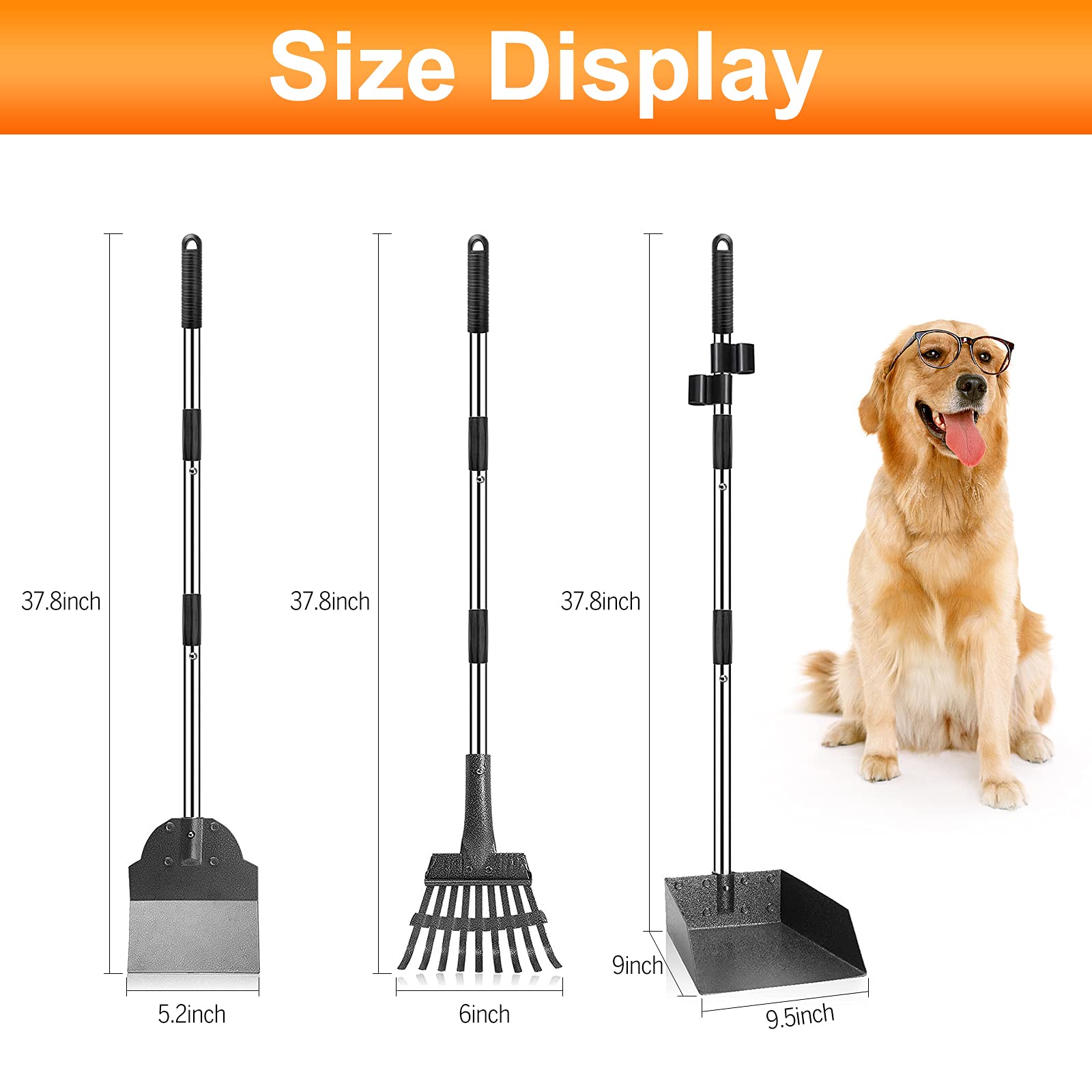 Luffwell Dog Pooper Scooper, Large Tray Rake And Spade Poop Scoop, Long Handle Steel Stainless Poop Scooper For Heavy Duty, Great For Pet Waste Of Small, Medium, Large Dogs