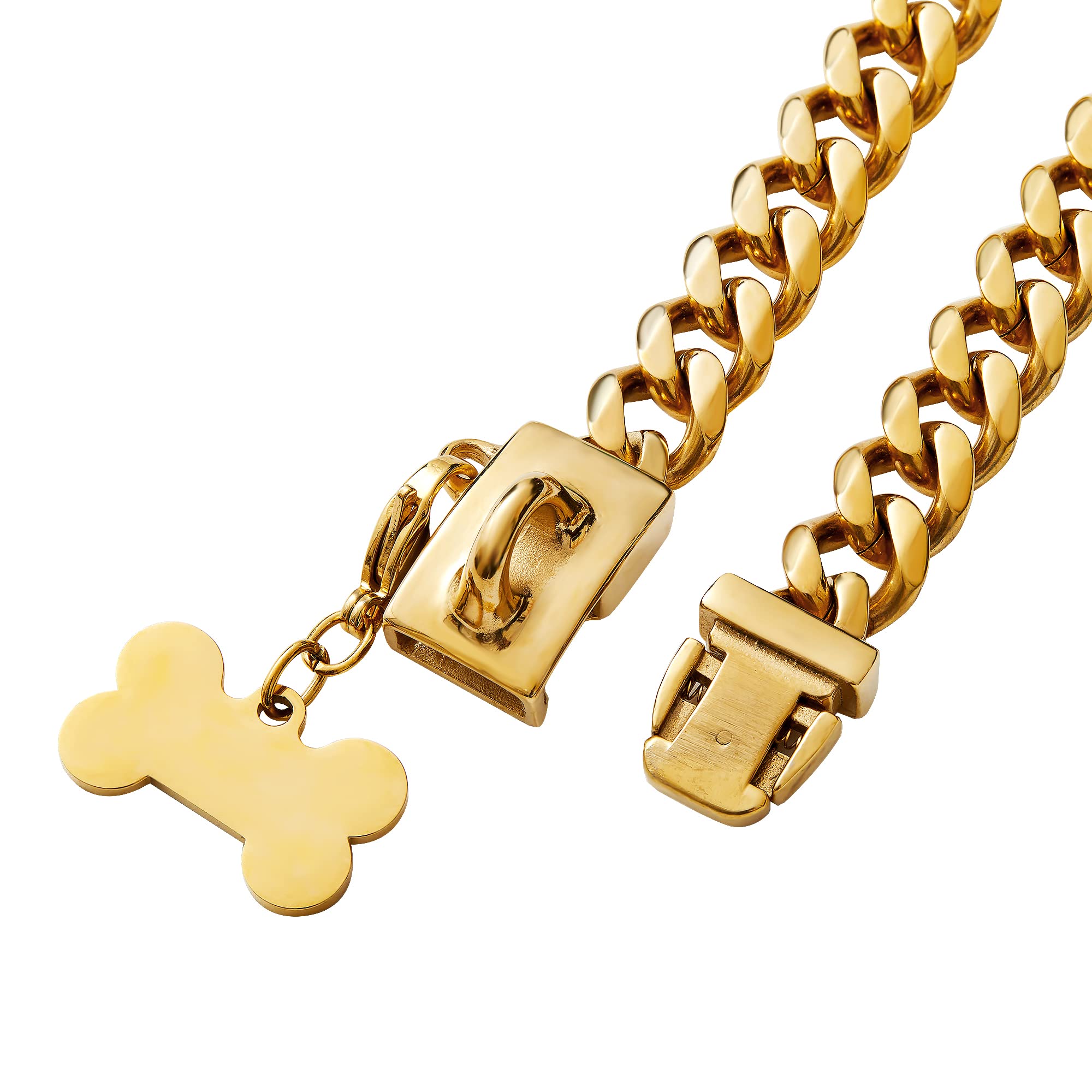 Stainless Steel Buckle Dog Collar, Cool Charm Pet Bulldog Jewelry Necklace, Waterproof Rose Gold Black Silver Anti-Chew Curb Cuban Dog Collar 16 Inch