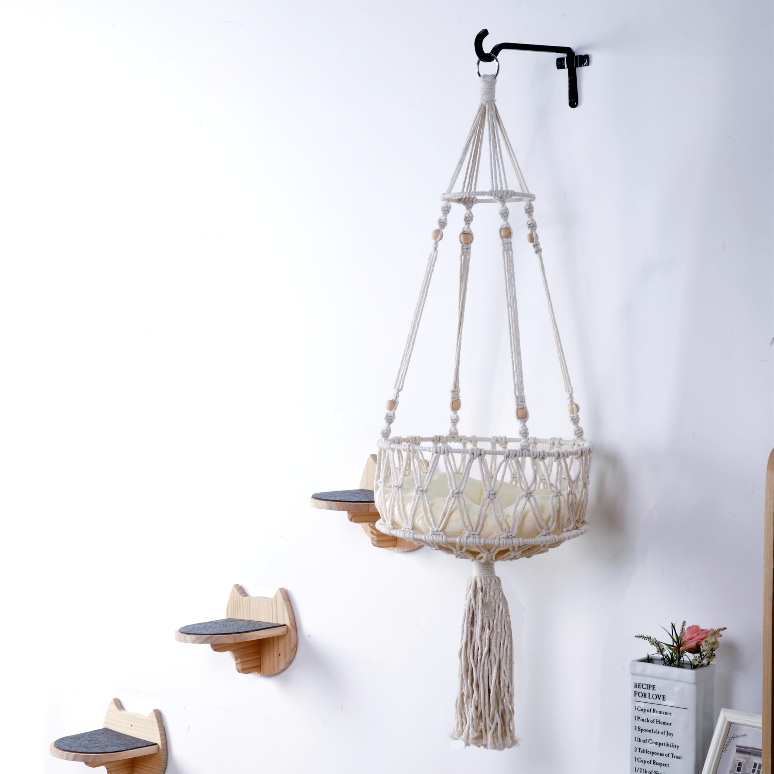 Shengocase Macrame Boho Cat Hammock With 3 Steps And Hook, Wall Mounted Swing Bed, Hanging Cat Bed For Indoor Cats, Wall Furnitu