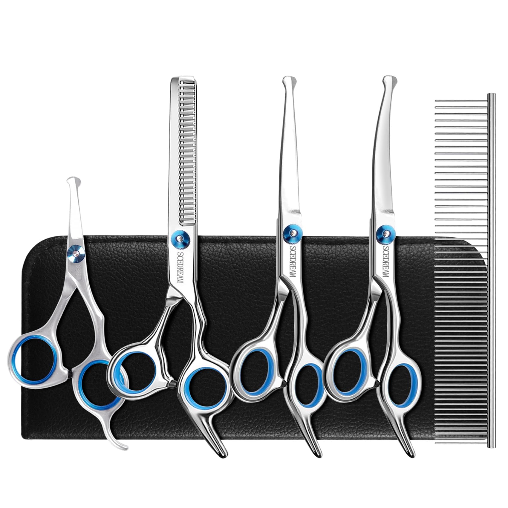 Scedream Dog Scissors - 6 In 1 Pet Grooming Set, Curved Tips, Blue