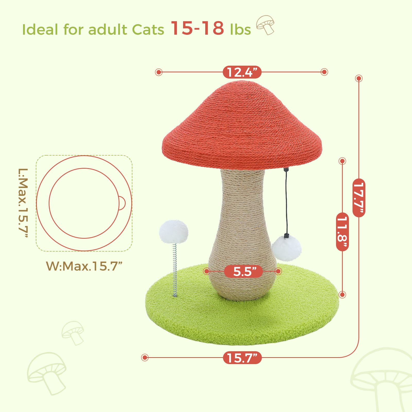 Petepela Mushroom Cat Scratching Post, Cat Scratcher Cute With 100% Sisal Covered Scratching Post & Pompoms Toy, Mushroom Cat Po