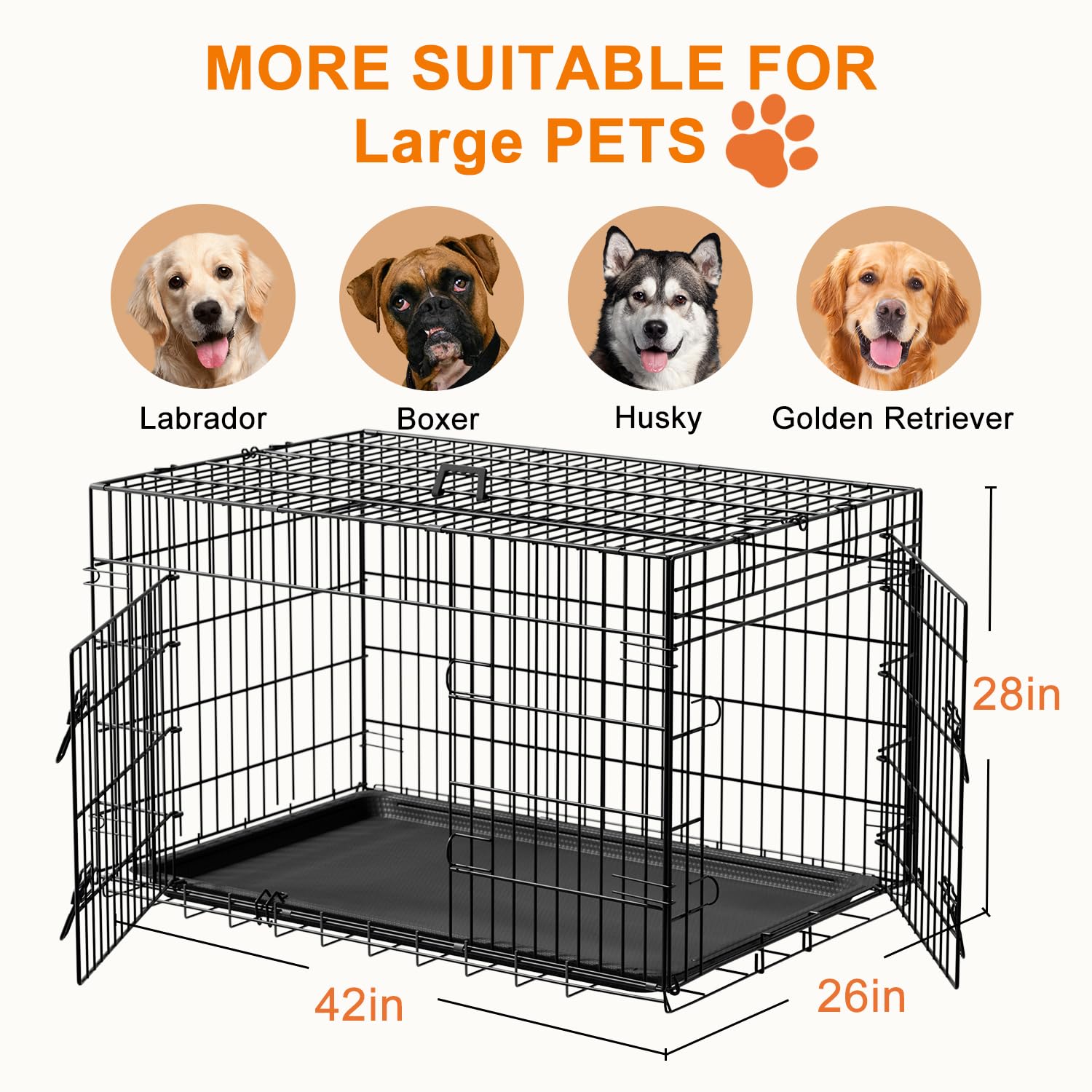 FDW Large Dog Crate 42inch Dog Cage Foldable Metal Kennel with Leakproof Tray Foldable Design Indoor Outdoor Use for Large Dogs,