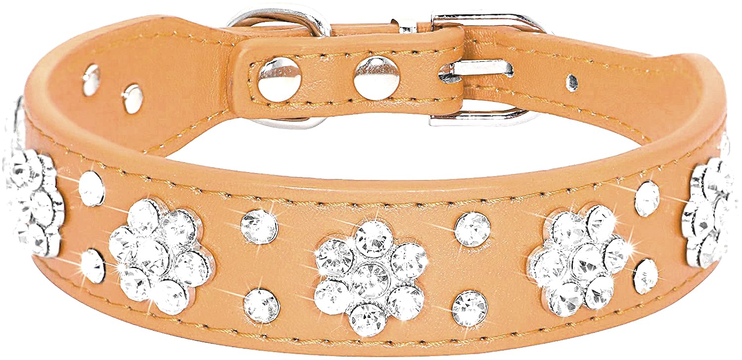 Serijoars Rhinestone Dog Collar, Cute Flower Rhinestone Bling Collar Pu Leather Adjustable Sizes Xs Small Medium (S, Brown)