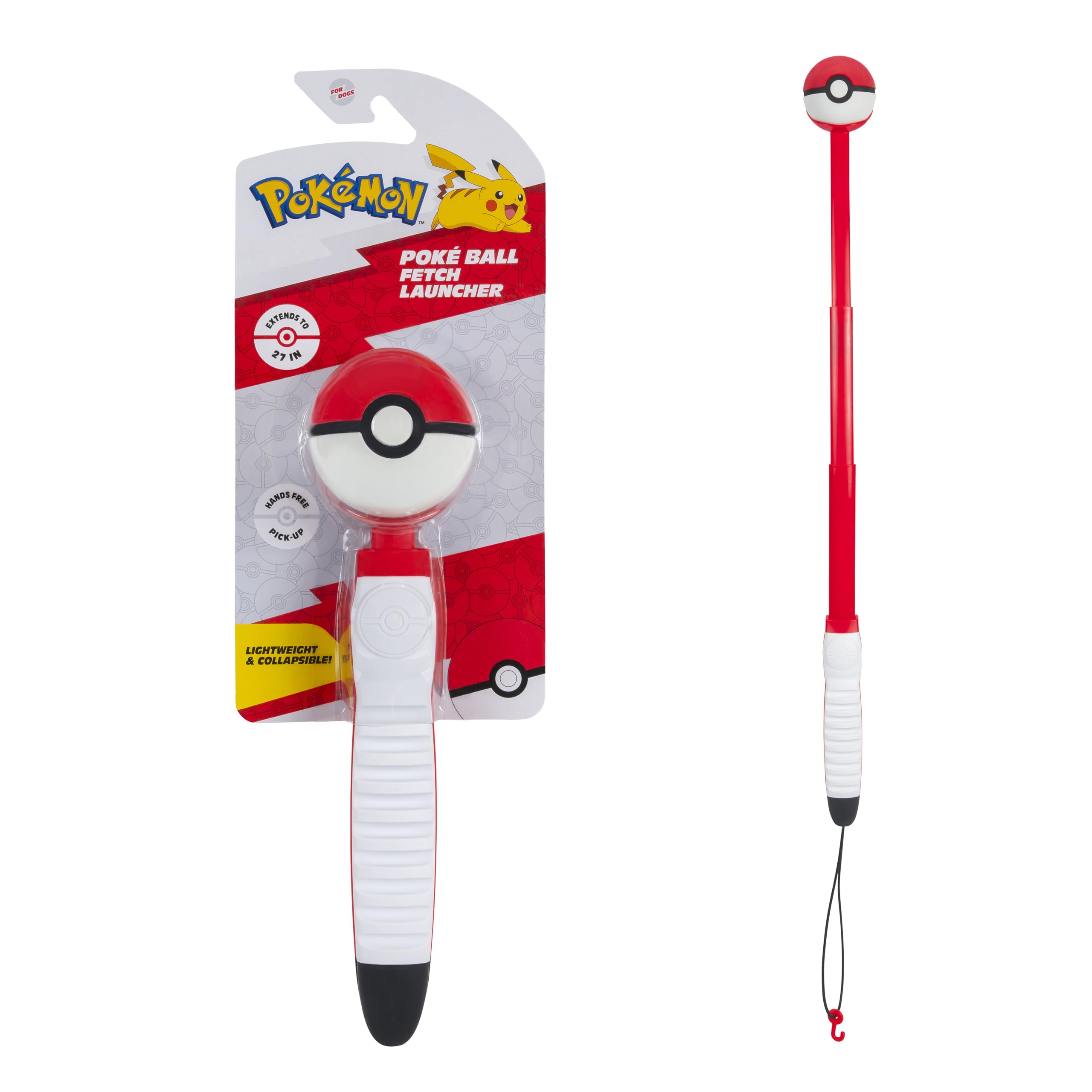 Pokemon Poke Ball Telescopic Fetch Launcher For Pets - Portable Launcher With Strap Plus 2.5-Inch Rubber Ball