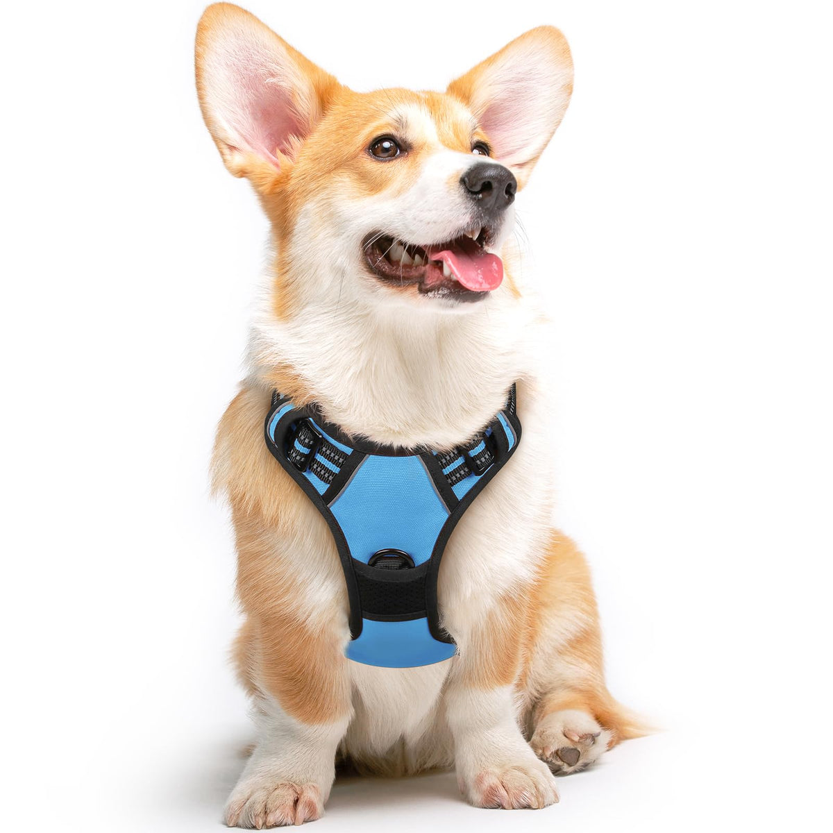 Eagloo Dog Harness Medium Sized Dog, No Pull Service Vest With Reflective Strips And Control Handle, Adjustable And Comfortable For Easy Walking, No Choke Pet Harness With 2 Metal Rings, Sky Blue, M