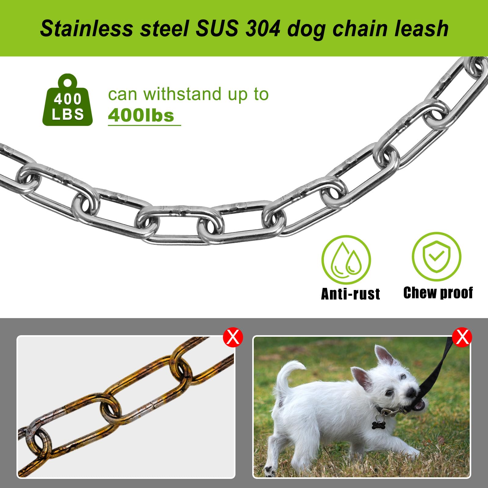 Lifeswell Dog Tie Out Chains And Stake, 15Ft Chew Proof Stainless Steel Dog Chains For Outside, 15'' Heavy Duty Dog Anchor For D