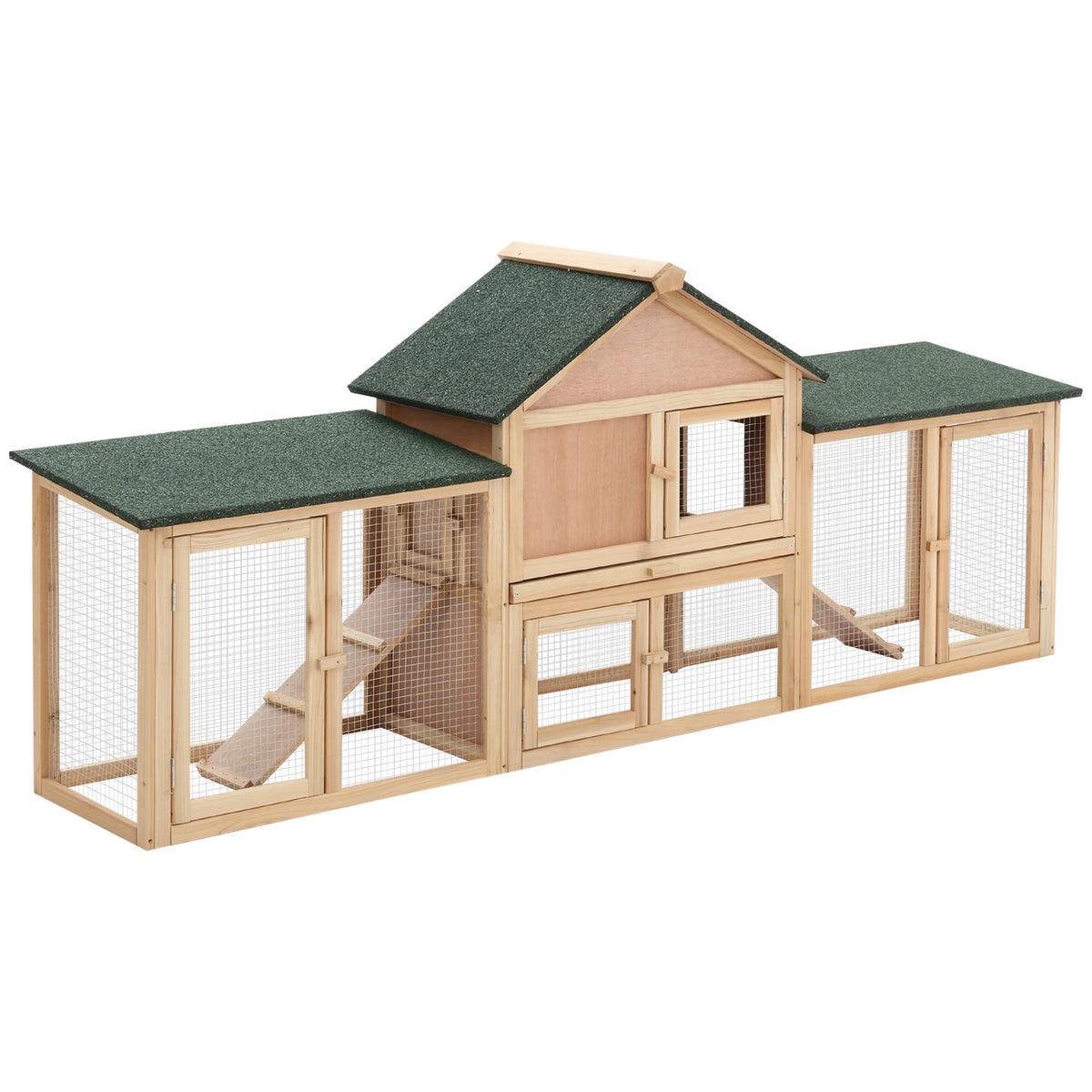 Pawhut 83' L Outdoor Rabbit Hutch, Guinea Pig Cage Indoor Outdoor Wooden Bunny Hutch With Double Runs, Weatherproof Roof, Removable Tray, Ramps, Natural