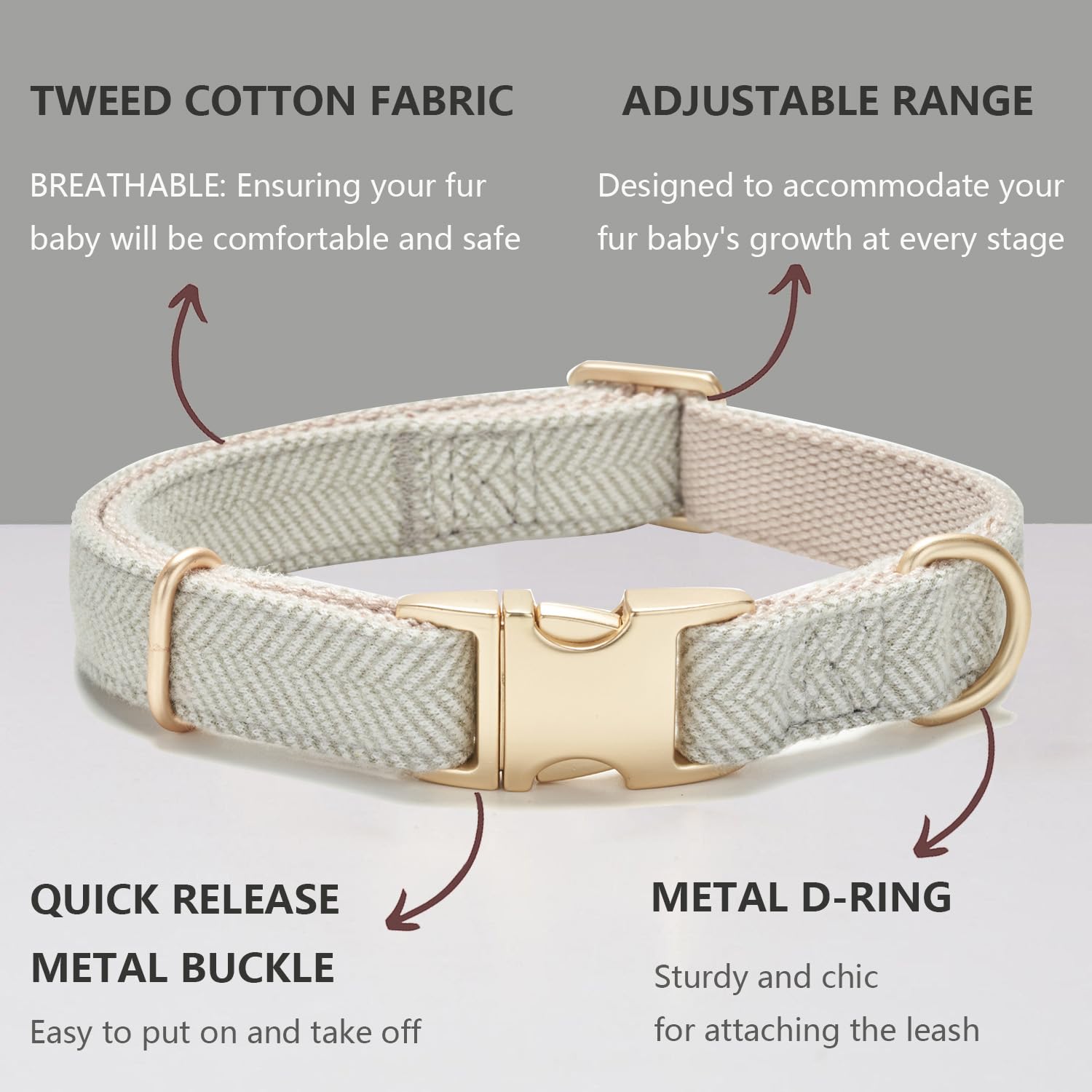 YUDOTE Soft Cotton Hemp Dog Collar with Metal Buckle Adjustable Twilled Dog Collars for Small Medium Large Dogs(Grey,Large)