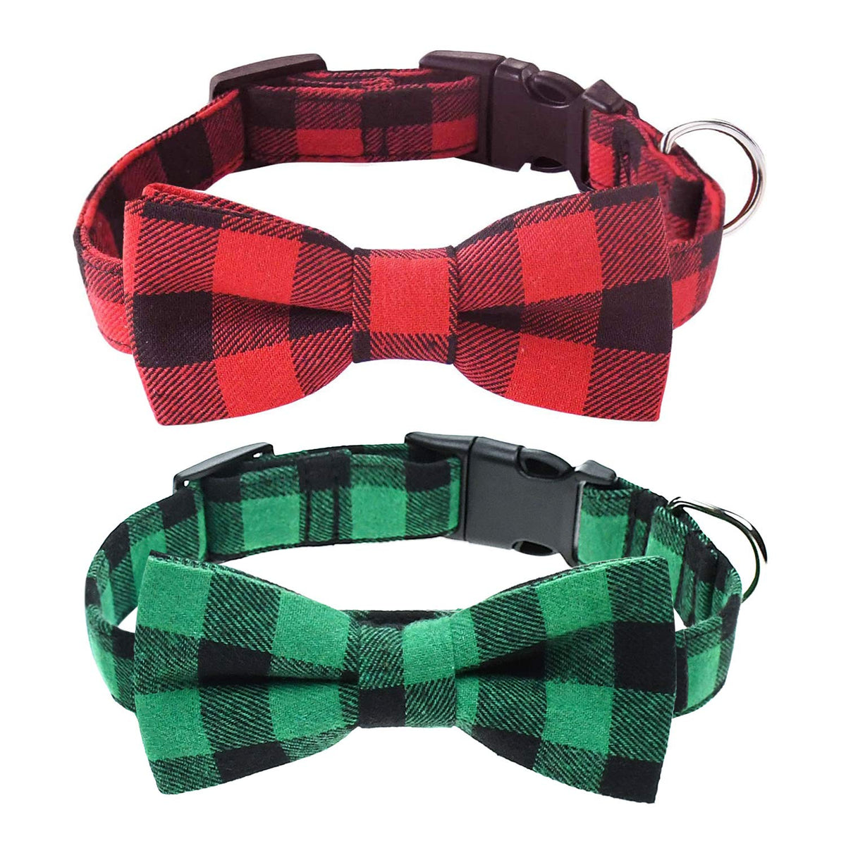 Malier 2 Pack Dog Collar With Bow Tie, Christmas Classic Plaid Pattern Dog Collar With Light Adjustable Buckle Suitable For Smal