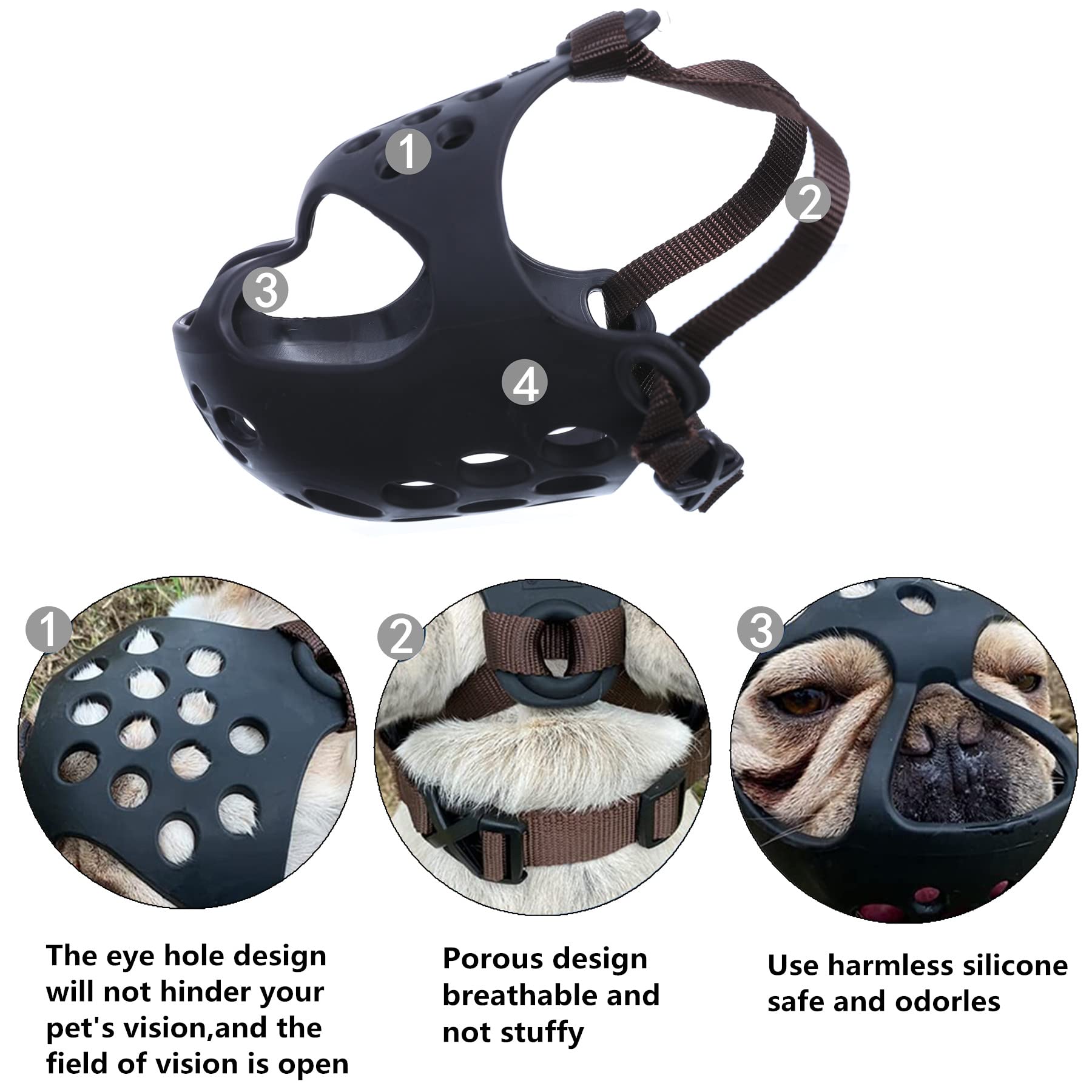 Jyhy Short Snout Dog Muzzles,Soft Silicone Adjustable Breathable Bulldog Muzzle For Biting Chewing Barking Training,Ideal For Flat-Faced Dogs (Medium/13-15'(Pack Of 1), Grey)