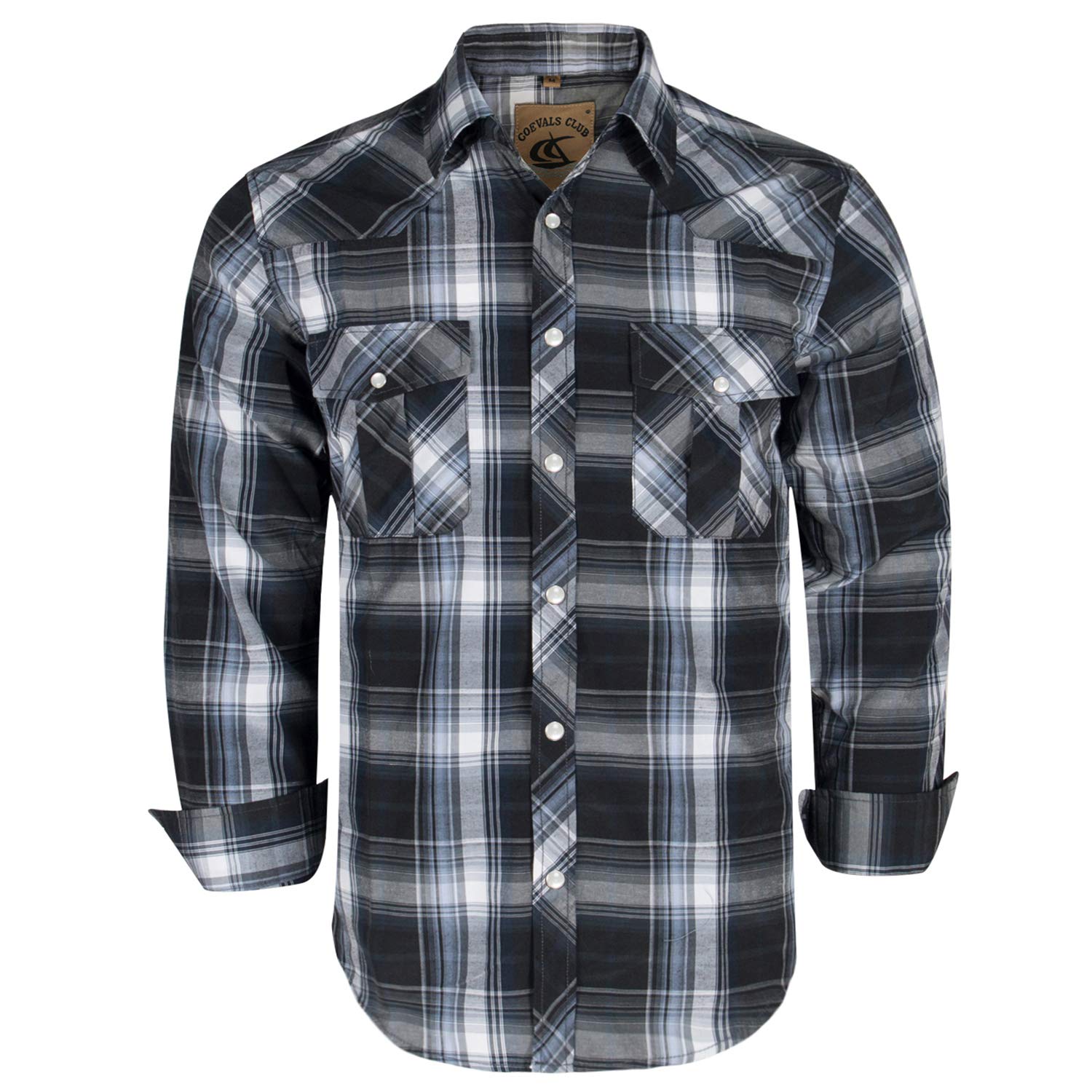 Coevals Club Mens Western Cowboy Long Sleeve Pearl Snap Casual Plaid Work Shirts (Black  Gray 9, L)