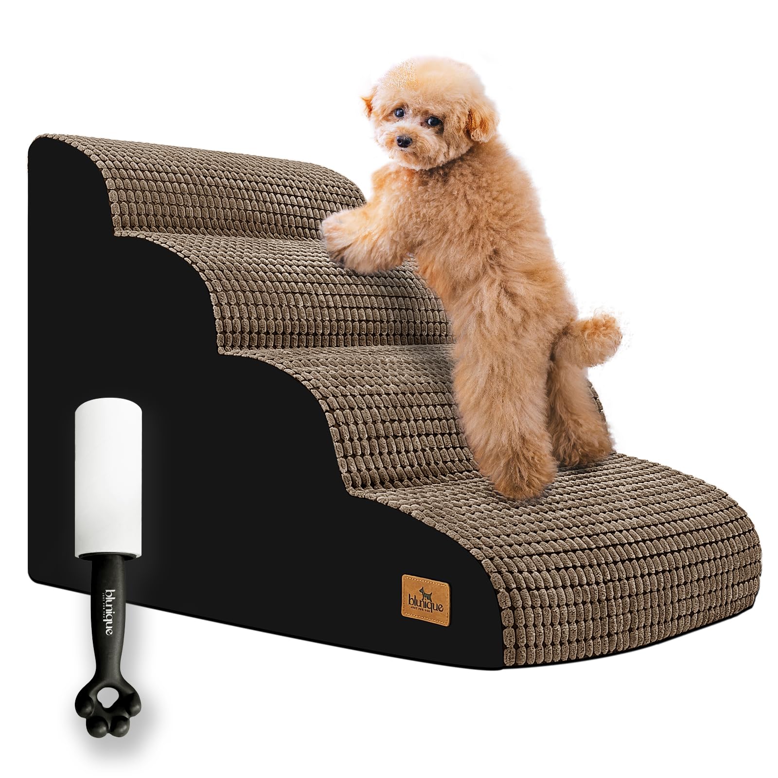 Blunique Dog Stairs for Small Pets, 20.5 in H 4 Step Curved Ramp for High Bed and Couch, Foam With Durable Non-Slip Waterproof F
